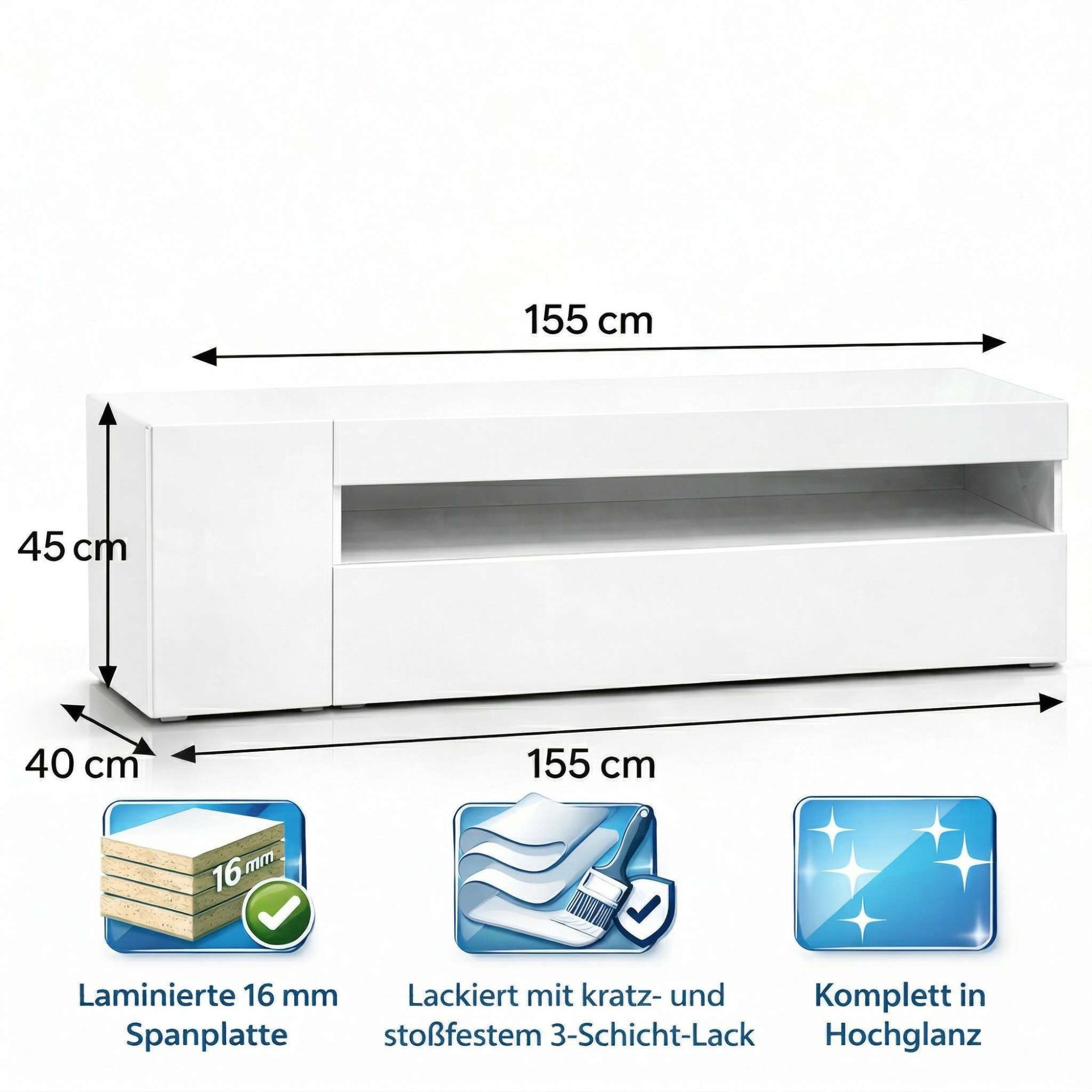 GOODproduct Table basse »LORENZO 1, TV-Board, TV-Kommode, TV-Schrank, TV-Unterschrank, TV-Möbel« Modernes lackiertes Hochglanz TV-Board, grifflos, Breite 155 cm