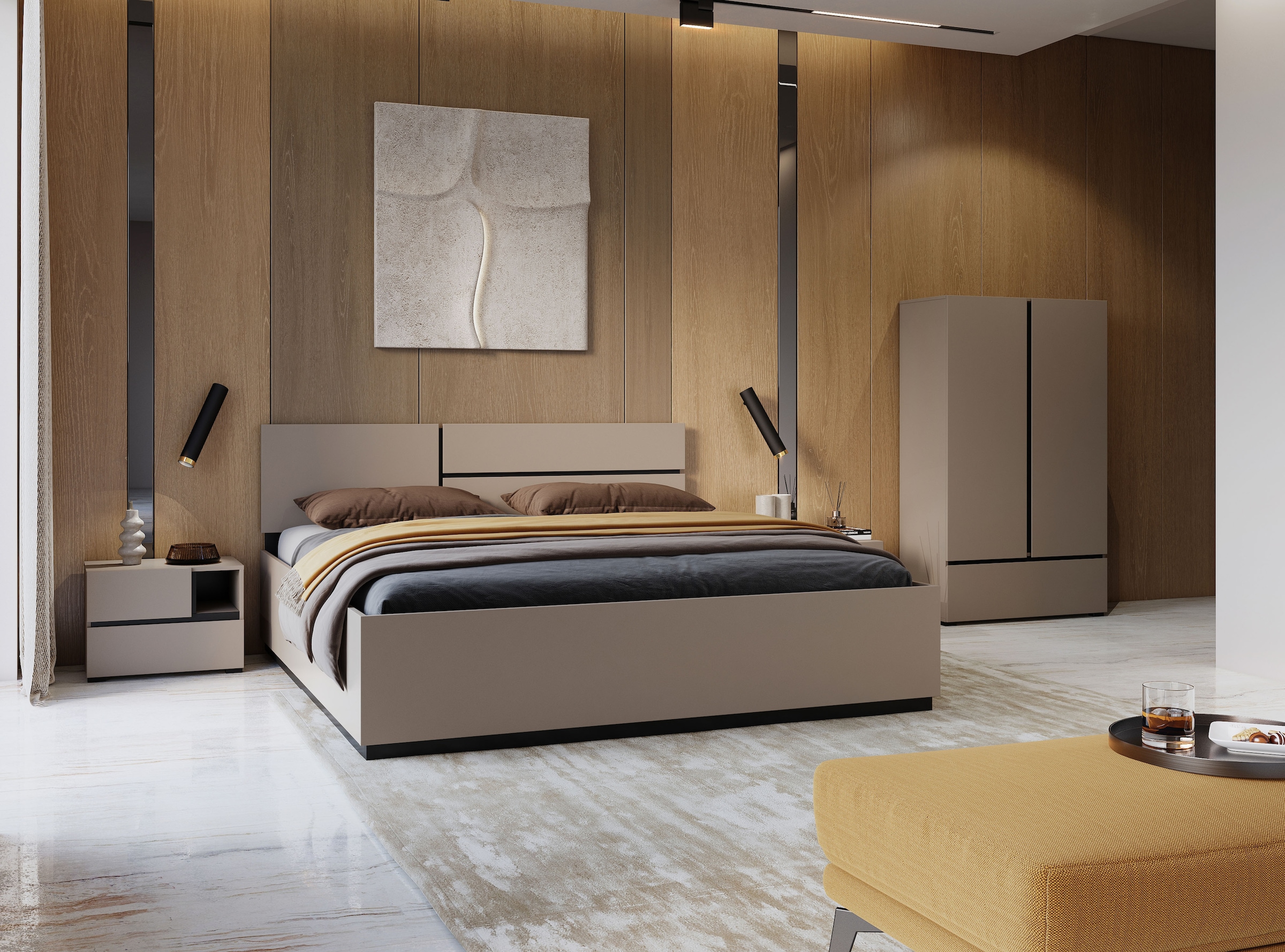 GOODproduct Ensemble de chambre à coucher »Cross, moderne, grifflose Optik, FSC-zertifiziert« Bett 180x200cm, 2 Nachtkommoden, Schrank 2-oder 4-türig, 4 cuis tlg. Komplettschlafzimmer-Set
