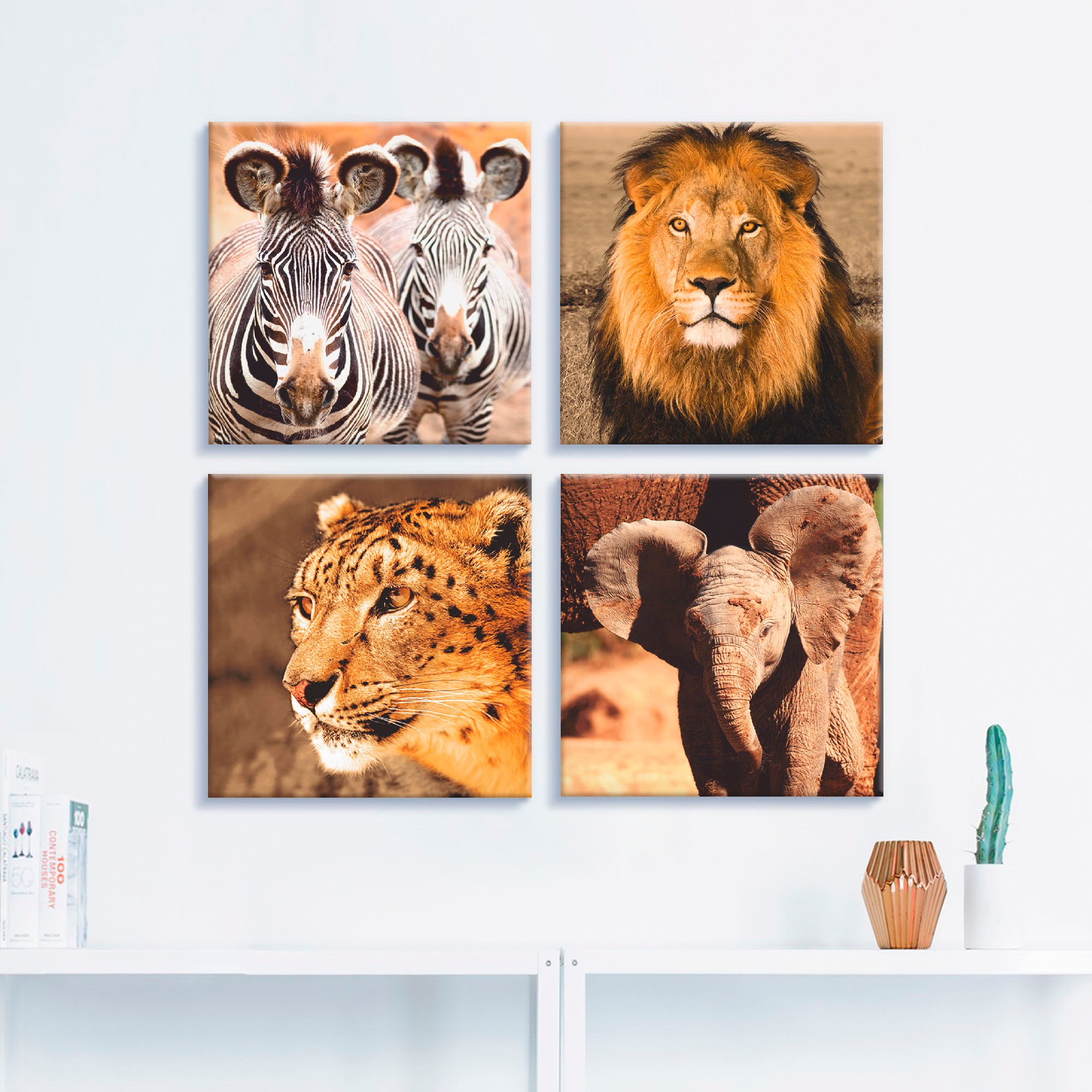 Artland Tableau sur toile »Zebras Löwe Schneeleopard Elefanten« 4 cuis tlg. 4er Set, verschiedene Grössen