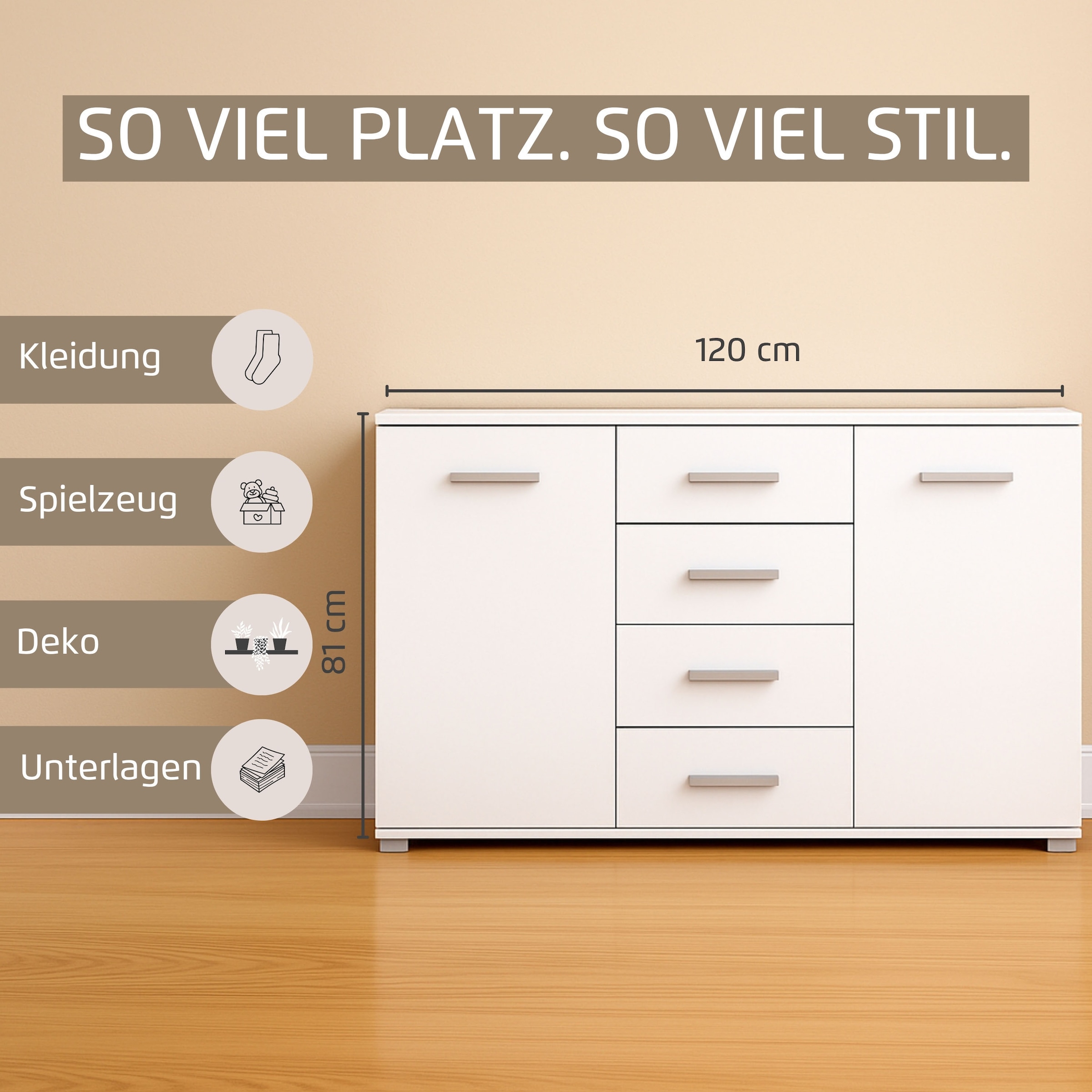 rauch Schubkastenkommode »Sideboard Kommode Kombikommode KOLUNA mit Dekorfront« Breite 120 cm mit moderner Dekorfront,  vier grosse Schubladen, mit insgesamt 4 Einlegeböden MADE IN GERMANY