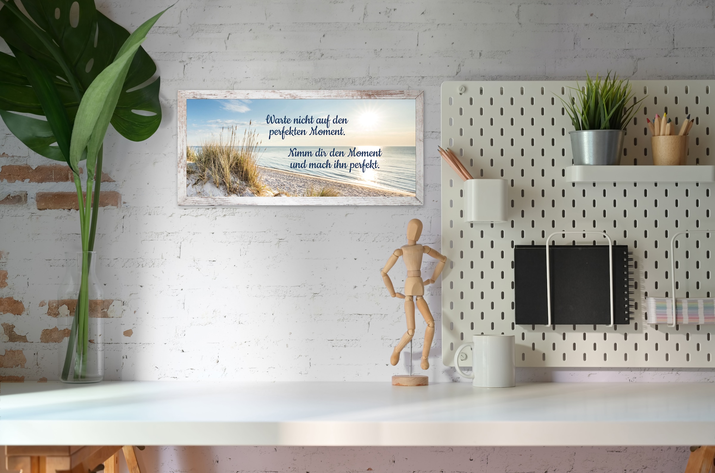 Bönninghoff Bild mit Rahmen »Wandbild gerahmt STRAND MIT SPRUCH MOMENT 23x49 cm – Natur Wanddeko« Bilder vom Sonnenuntergang & -aufgang | Sprüche | Sprüche & Texte | Strand 1 Stk. tlg. mit dekorativem Rahmen