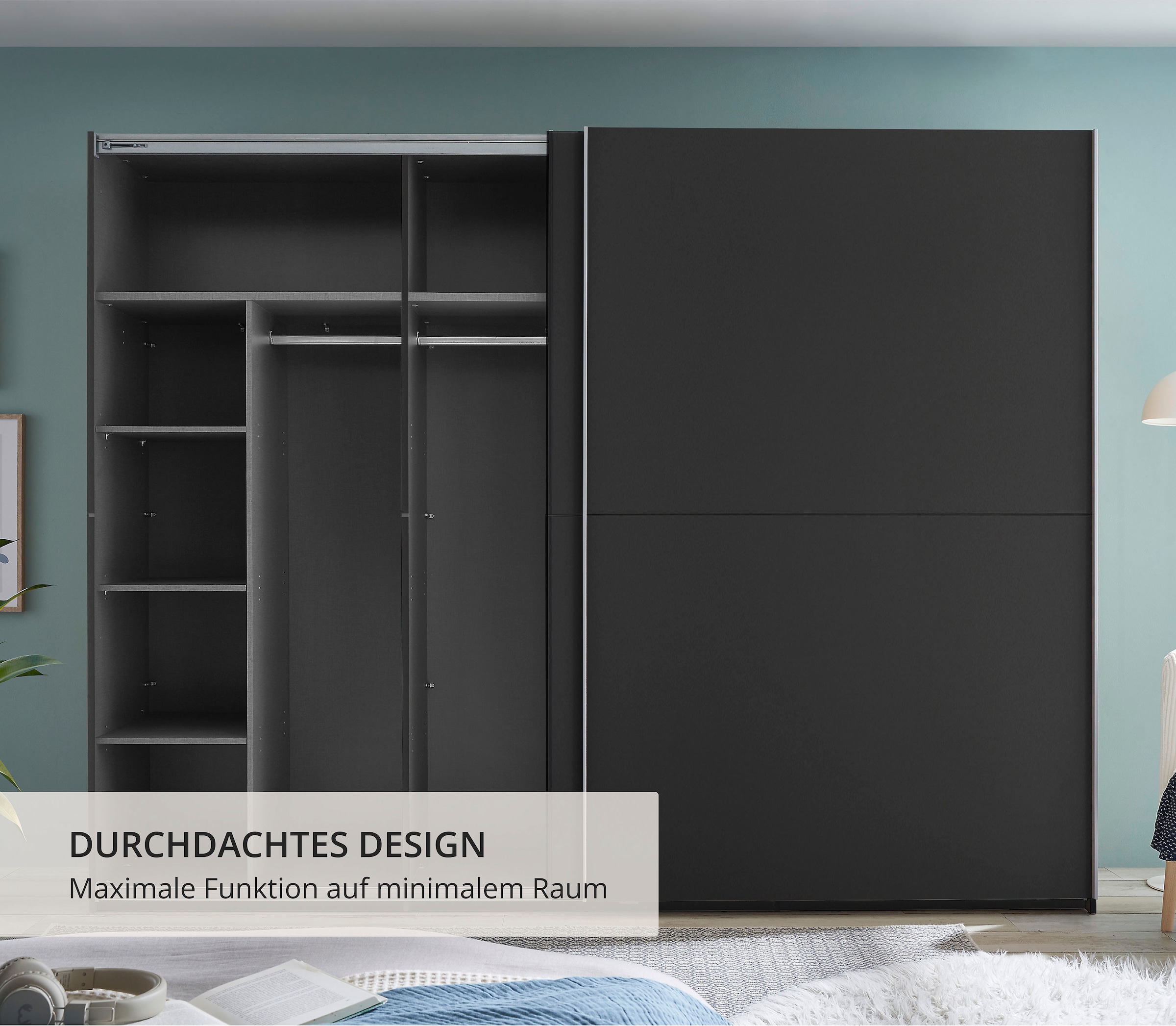 Schlafkontor Schwebetürenschrank »Mesio, 2-türiger Kleiderschrank, Schiebetürenschrank mit viel Stauraum« inklusive Hoteleinteilungen aussen und Einlegeböden oben