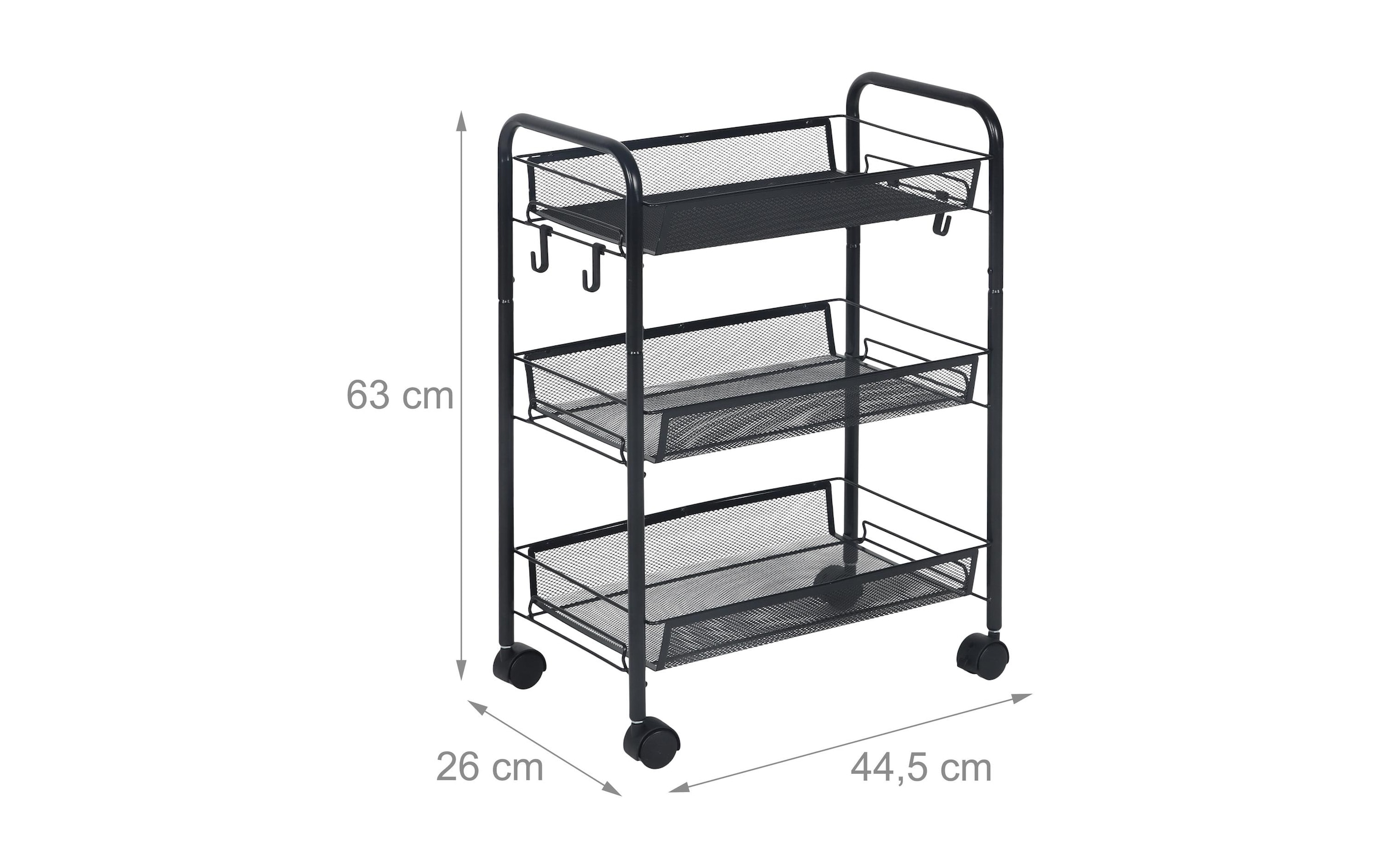 relaxdays Rollwagen »Mesh mit 3 Ebenen 63 x 44,5 x 26 cm« Mobiler Allzweckwagen mit 3 Mesh-Ablagen und 4 Haken in Schwarz