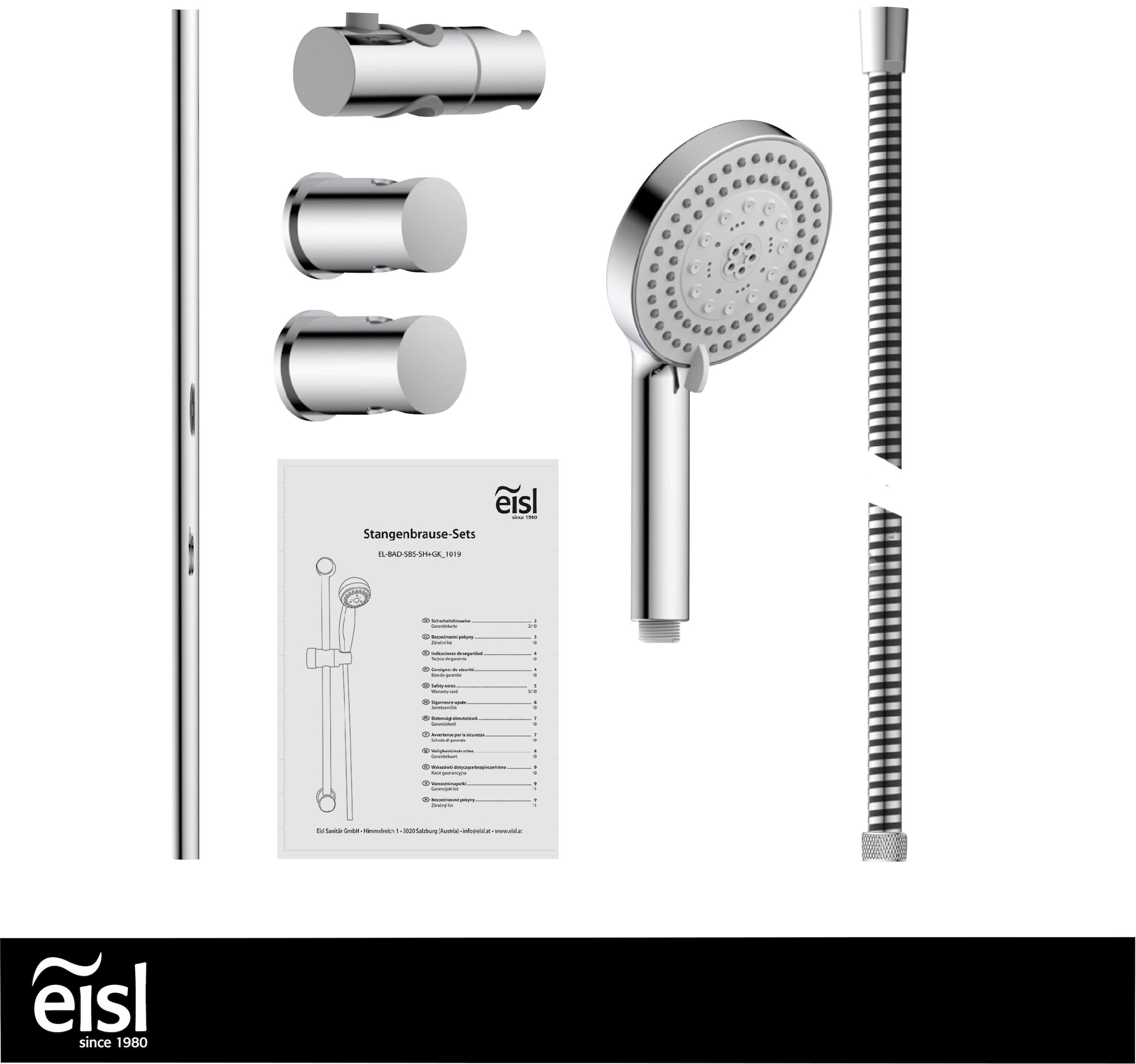 Eisl Stangenbrause-Set Duschkopf mit Schlauch und Halterung, Handbrause mit 8 Funktionen