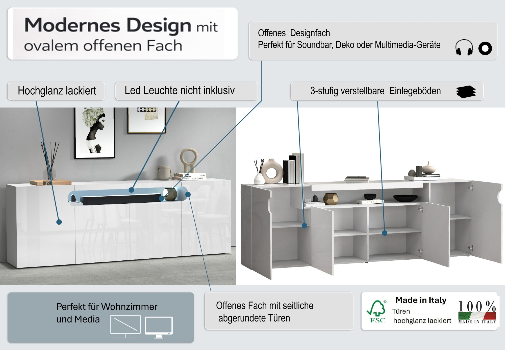 GOODproduct Sideboard »Sideboard REAL, Kommode, Schrank, Kredenz« 1 Stk. tlg. Mit 4 Türen, davon 2 abgerundet, die ein ovales offenes Fach bilden