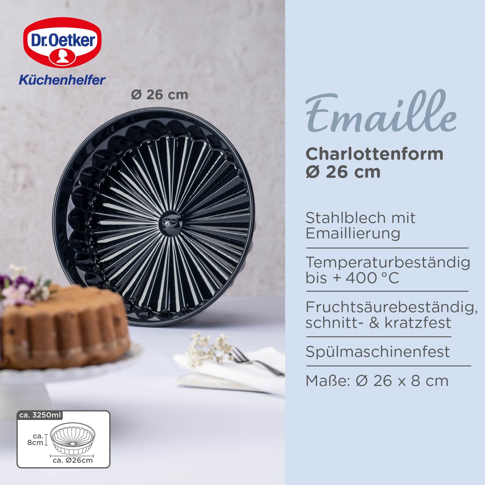 Dr. Oetker Küchenhelfer Moule à pâtisserie »Charlottenform Back-Liebe Emaille, Ø 28 cm, ozeanblau« Emaille-Versiegelung, schnitt- und kratzfest, spülmaschinengeeignet