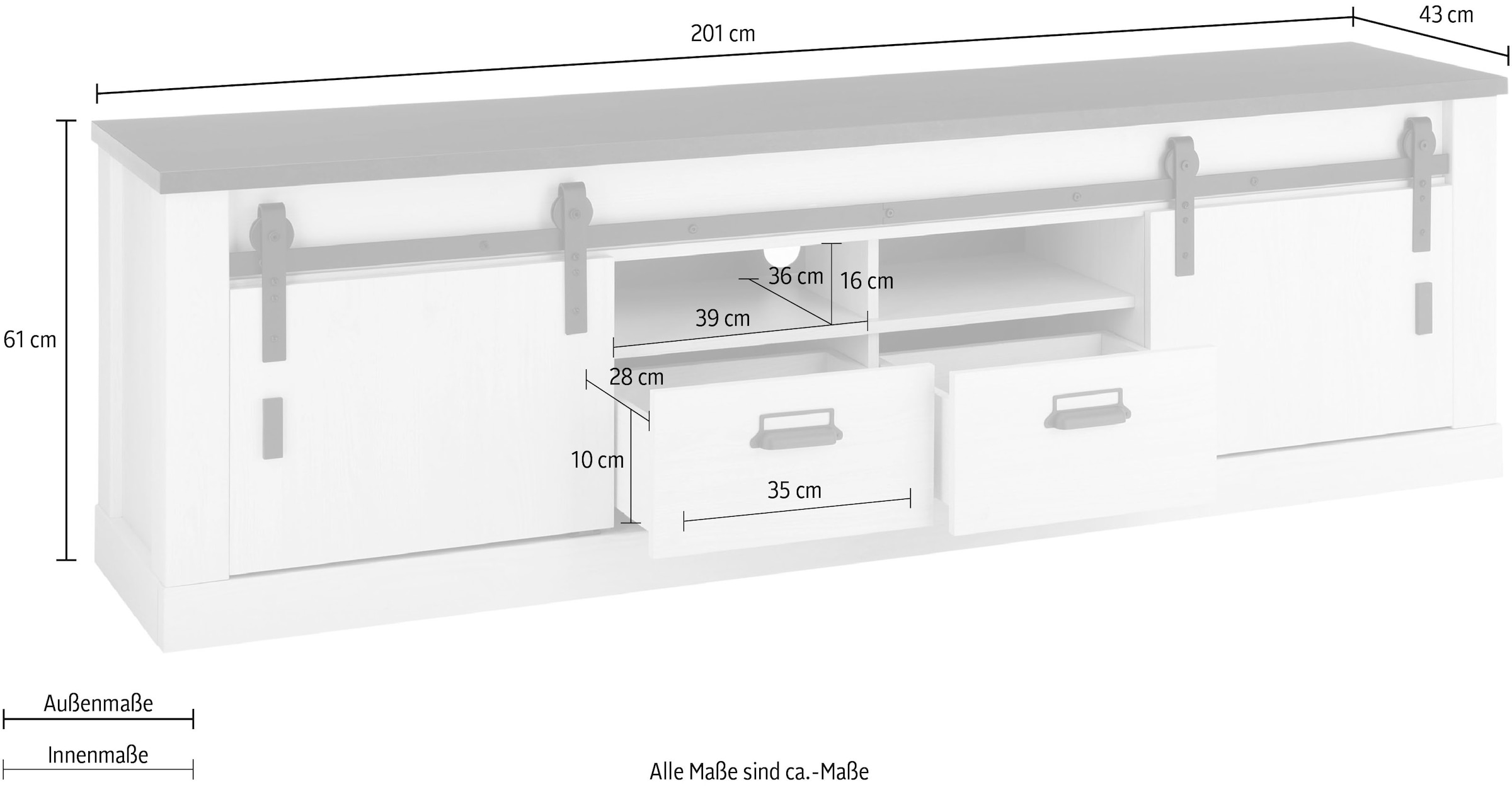Home affaire Lowboard »SHERWOOD« modernes Holz Dekor, mit Scheunentorbeschlag aus Metall, Breite 201 cm