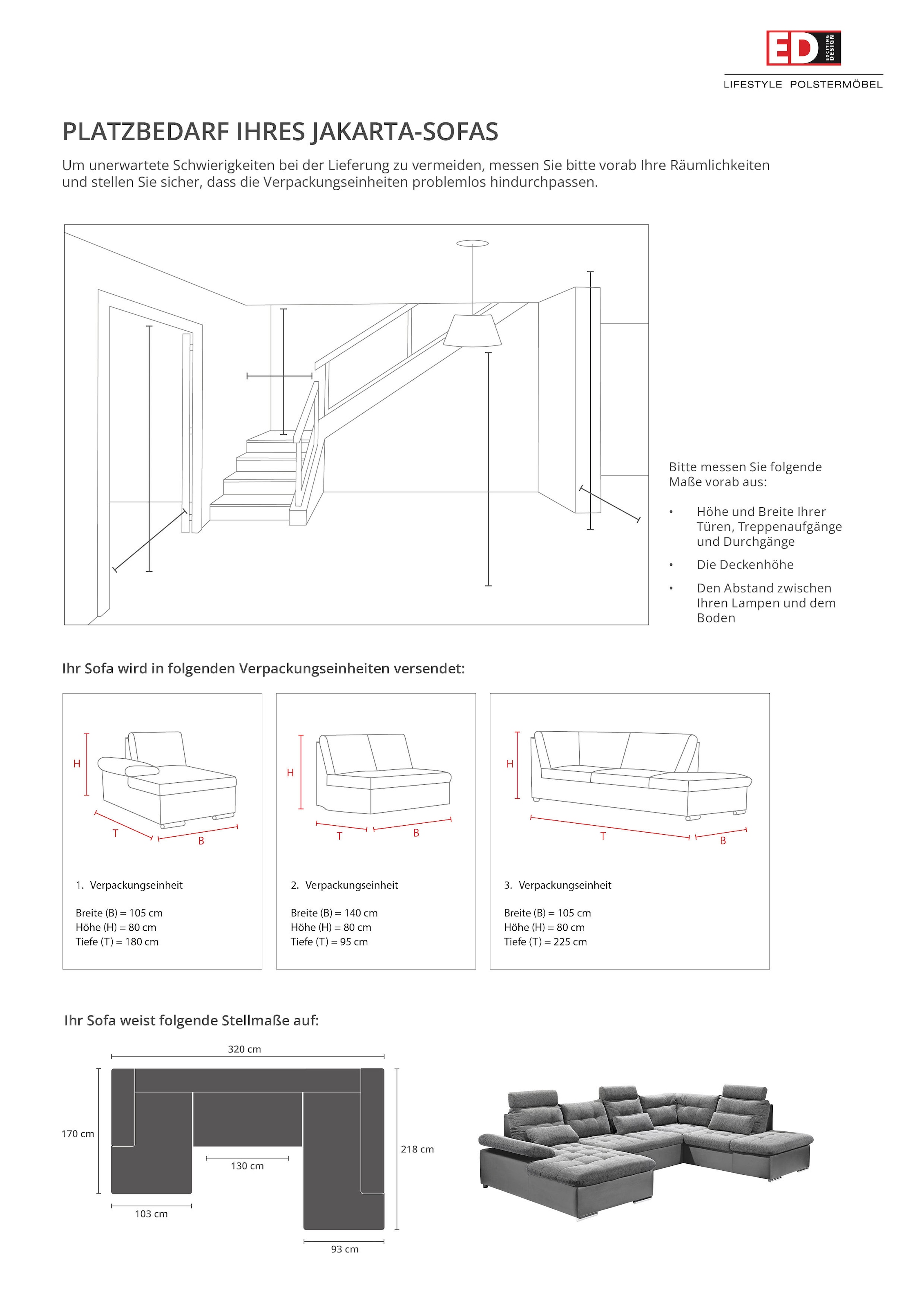 ED EXCITING DESIGN Paysage de salon »Jakarta U-Form mit Bettfunktion, Bettkasten« Armteilverstellung, Kopfstützen & 3 Nierenkissen