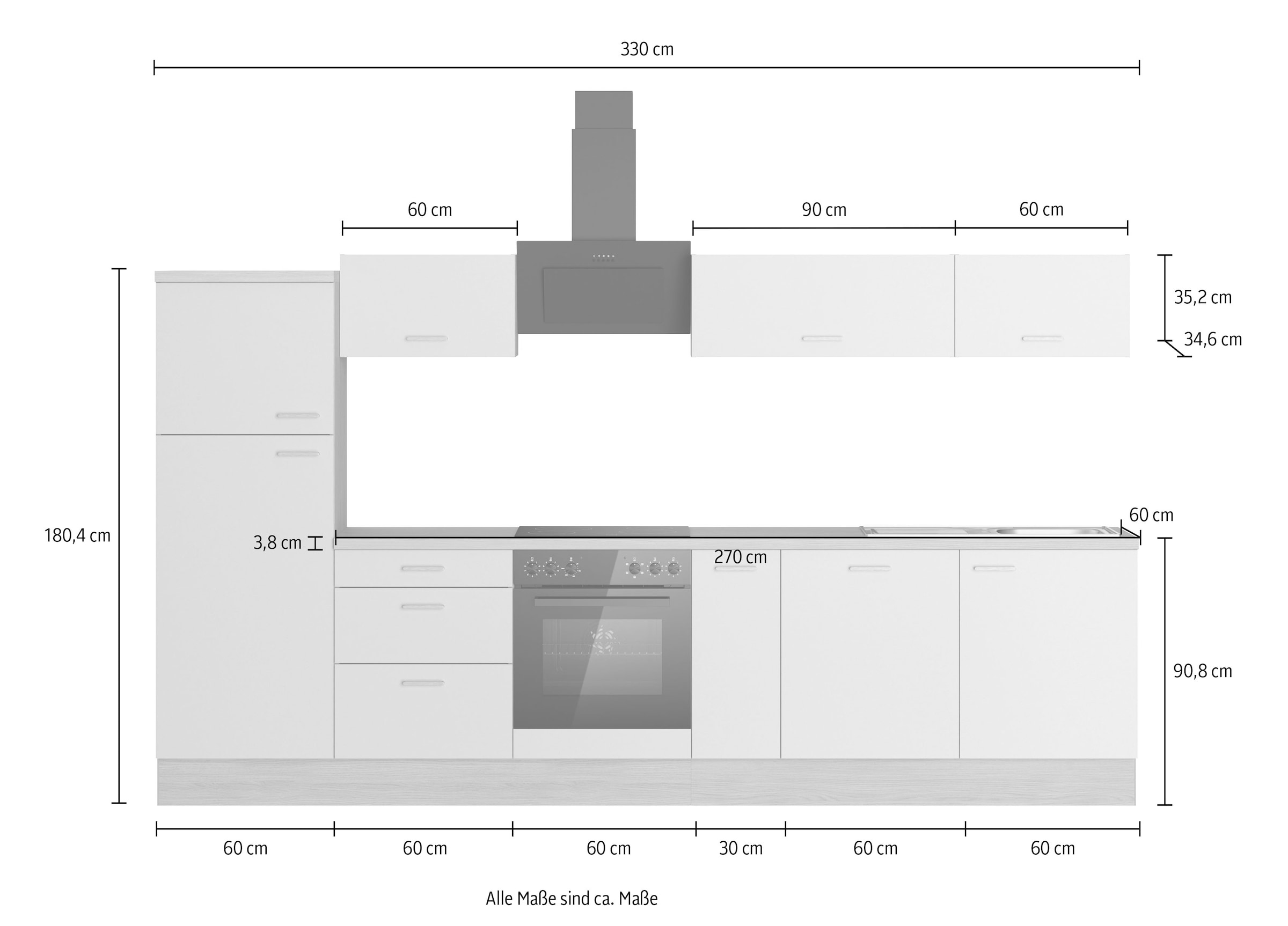 KOCHSTATION Kitchenette »KS-Sion« Breite 330 cm, neue Technik: OPTIsnap, wahlweise mit E-Geräten