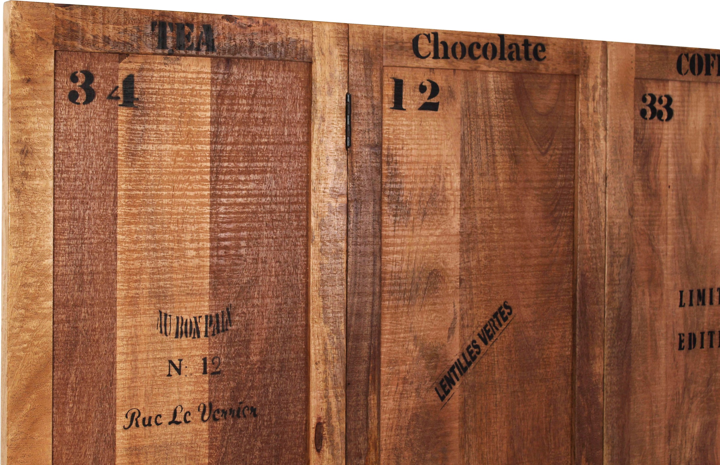 SIT Paravent »Halle 3-tlg. aus Mangoholz mit Schriftzügen & Gebrauchsspuren« 3-teiliger Raumteiler mit originellen schwarzen Schriftzügen