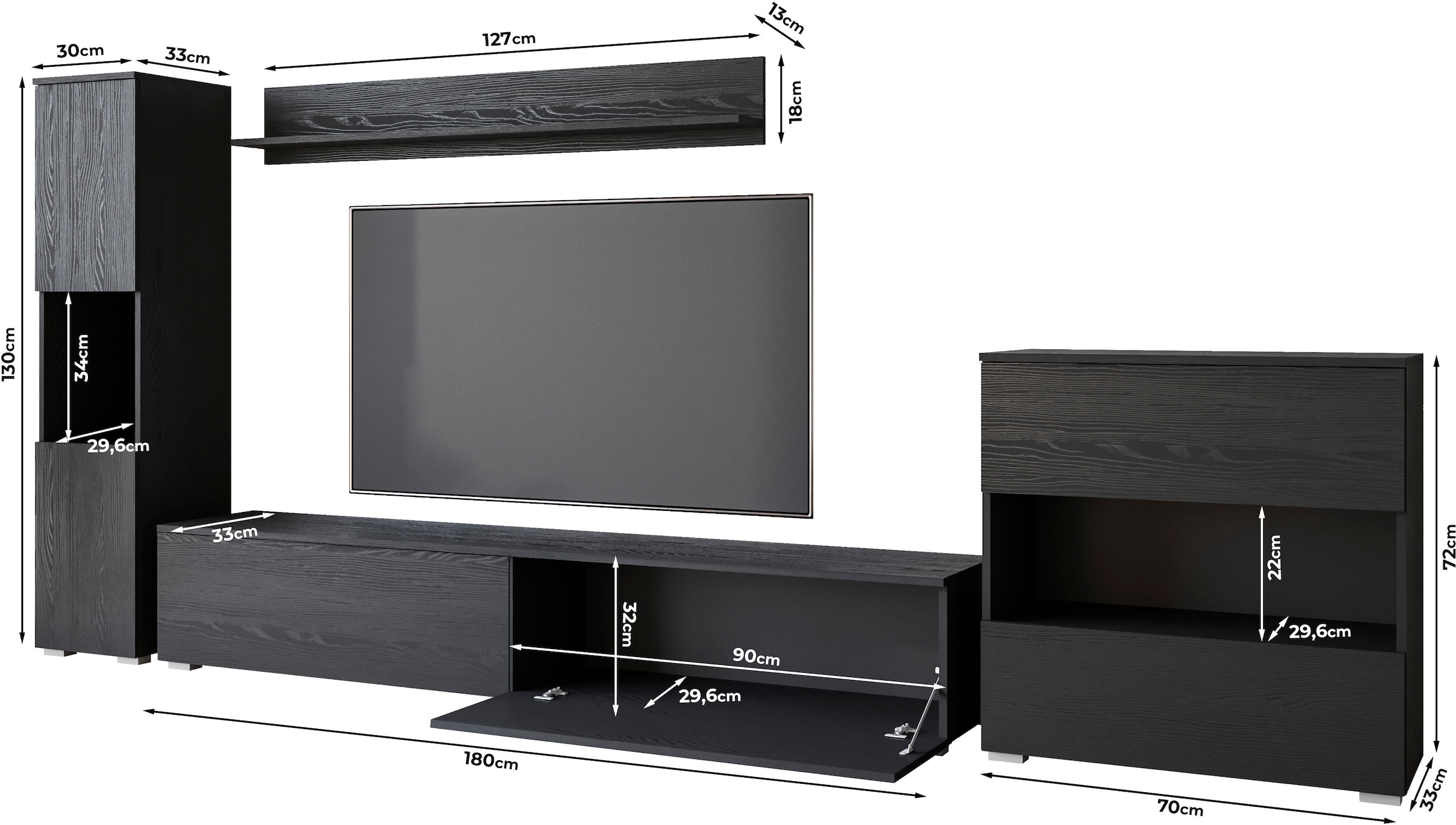 GOODproduct Wohnwand »PARIS, Vitrine Türanschlag links/rechts wechselbar« Komplett-Set, 4 Stk. tlg.