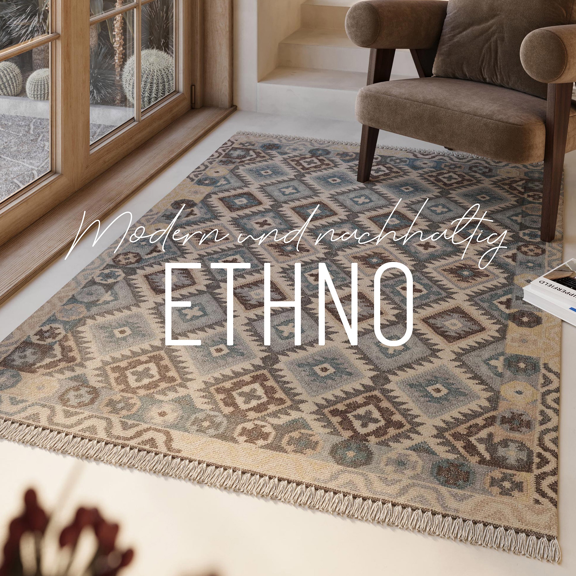 Green Looop Tapis en laine »Migny« Rectangulaire 5 mm Höhe Fransen, Kelim, handgewebt, Natur, Wohnzimmer, Schlafzimmer, Raute