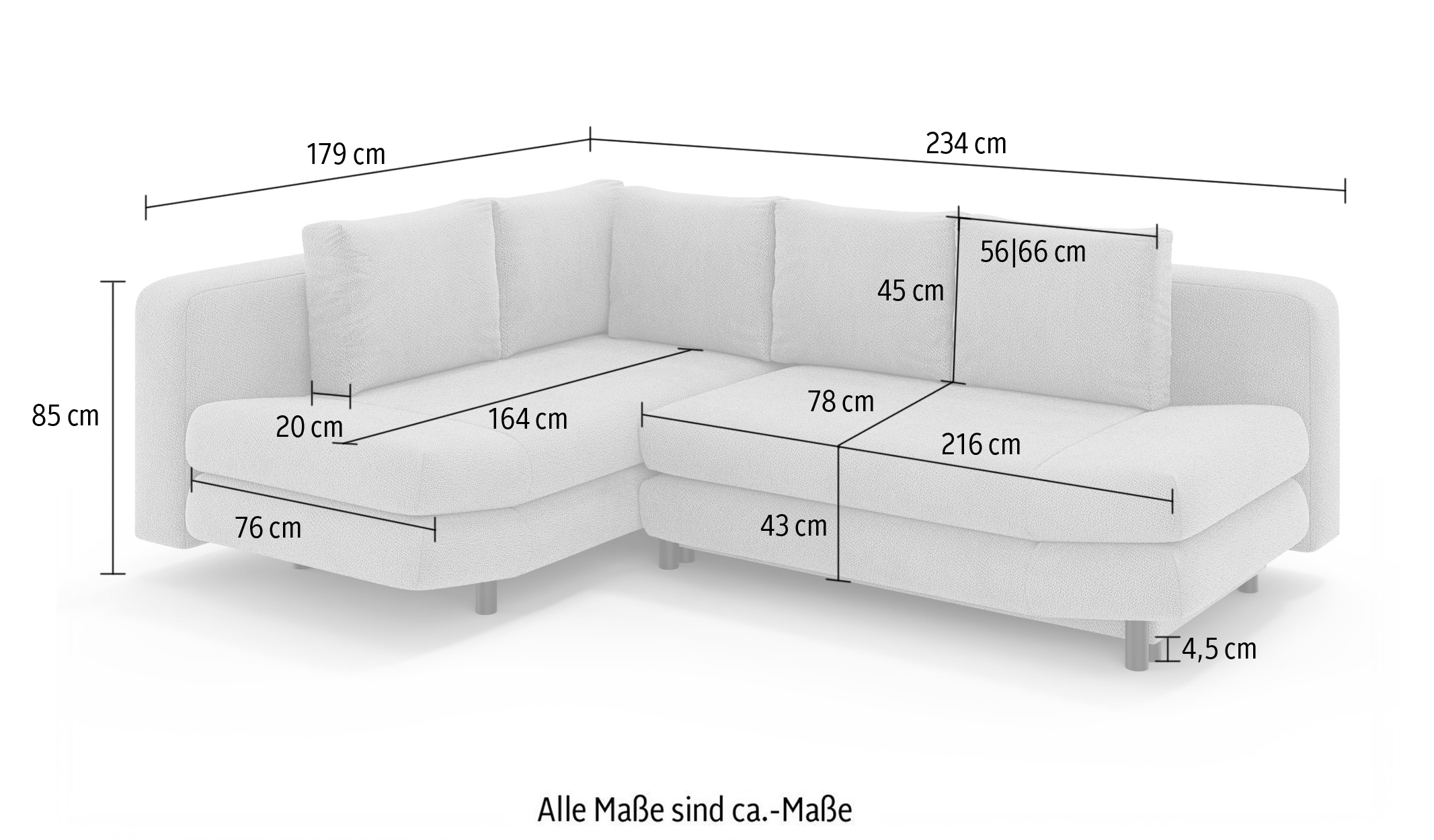 Home affaire Canapé d'angle »LENNARA Schlafsofa mit Bettkasten, Masse B/T/H: 234/179/85 cm« L-Form mit Ottomane rechts/links, mit Wellenunterfederung