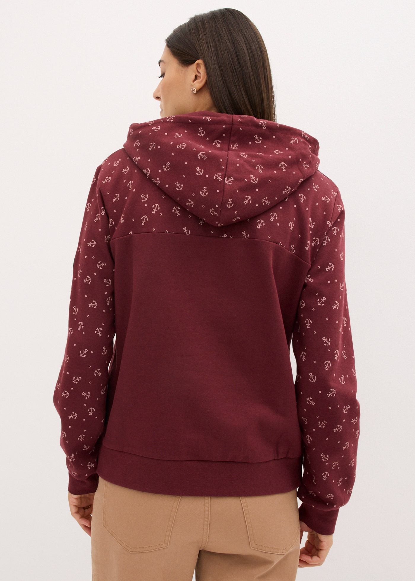 bonprix Hoodie »Kapuzensweatshirt mit Reissverschluss aus reiner Baumwolle«, lässig geschnittene Passform, mit maritimem Muster und Anker-Motiven
