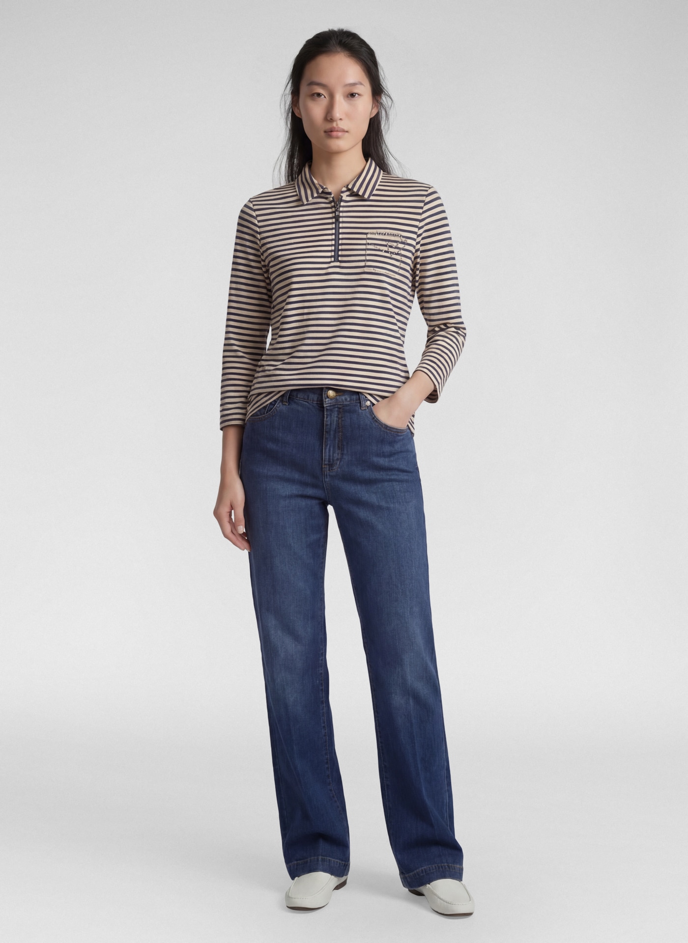 Rabe T-shirt à manches 3/4 im Streifen-Look und mit Hemdblusenkragen