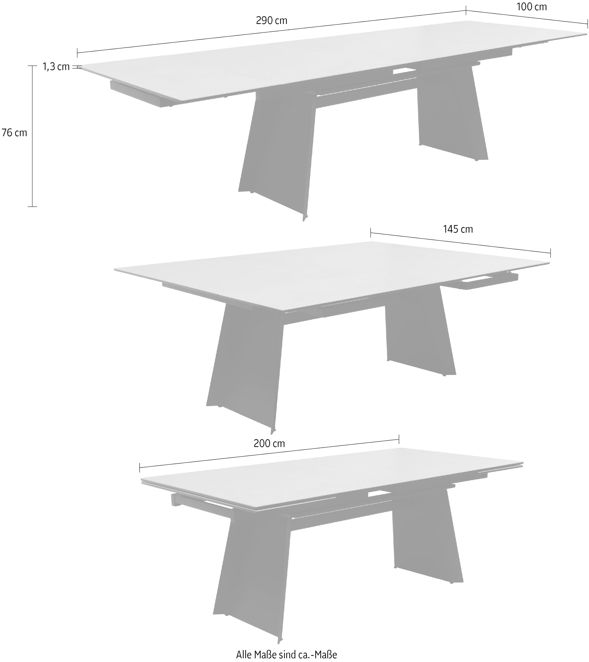MCA furniture Table de salle à manger »MOLINARA Auzugtisch 200-290cm hellgrau« 1 cuis tlg. Keramik, Metall, Stirnauszug, ausziehbar, 10-12 Personen