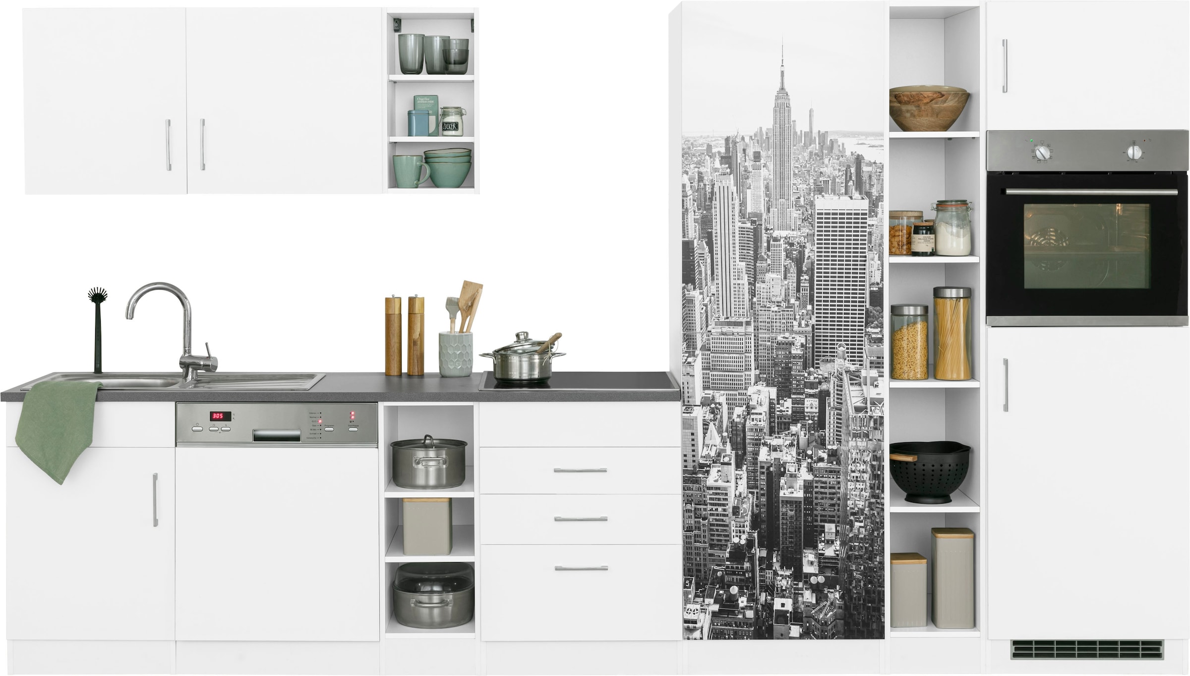 KOCHSTATION Kitchenette »KS-Paris – Küchen mit einzigartigen Fotomotiven auf den Fronten« largeur 350 cm, option appareils électriques et induction