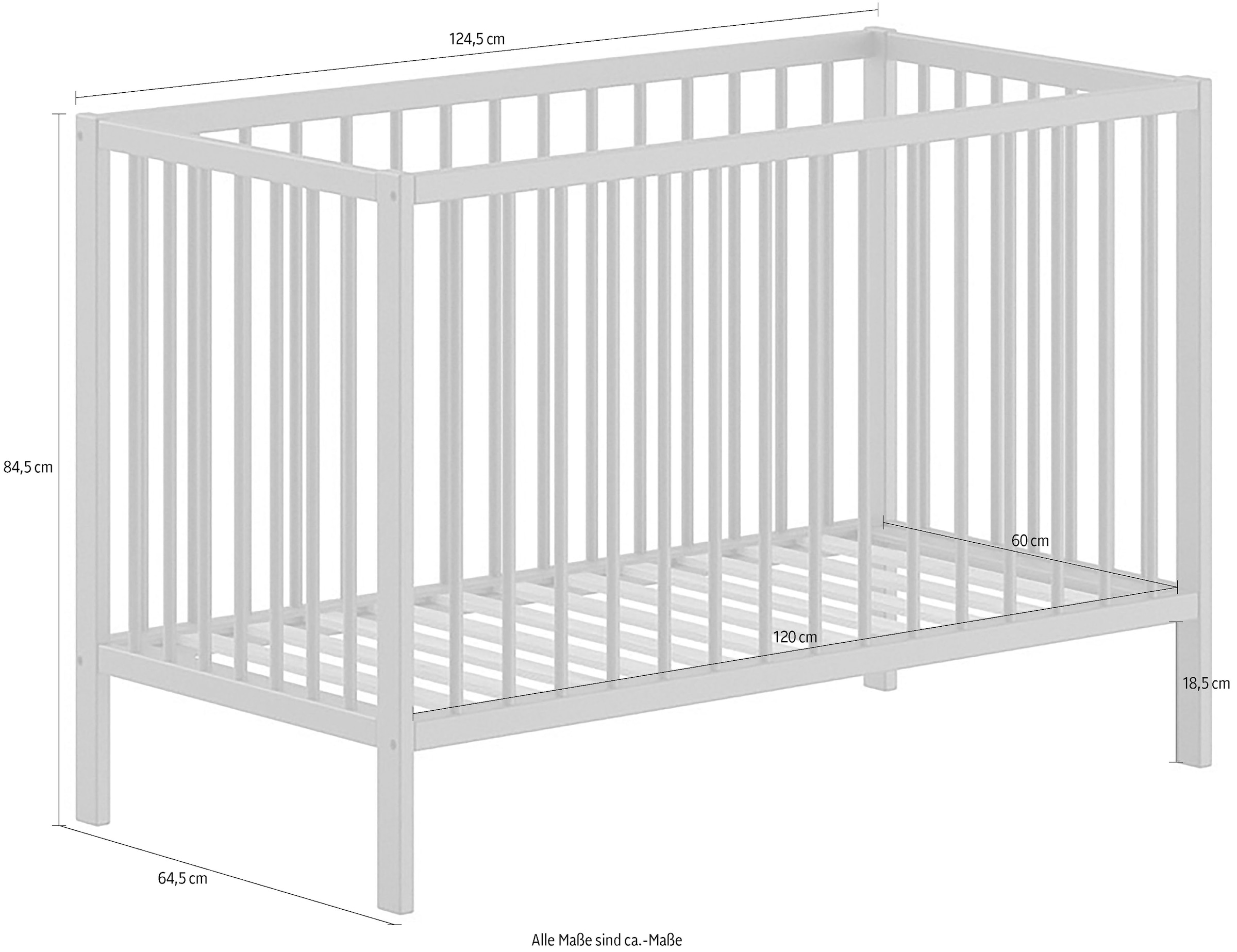 Vipack Babybett »Dino 60/120 cm mit 3-fach verstellbarem Lattenrost, stabile Bauweise« Gitterbett aus massiver Buche, wahlweise in 3 Farben