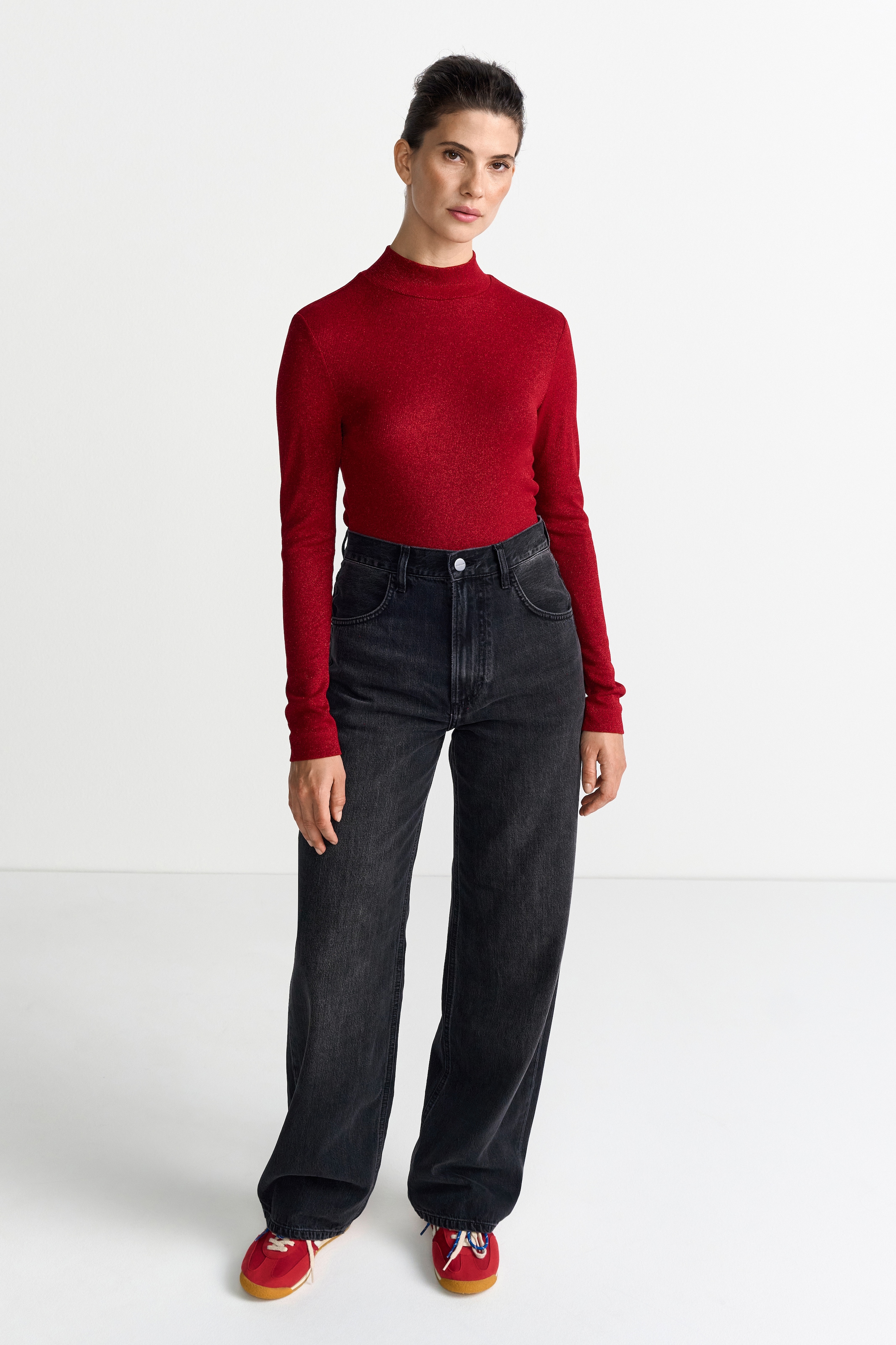 RICHROYAL T-shirt à manches longues mit feinen Glitzerfäden, Stehkragen, figurbetonter Schnitt