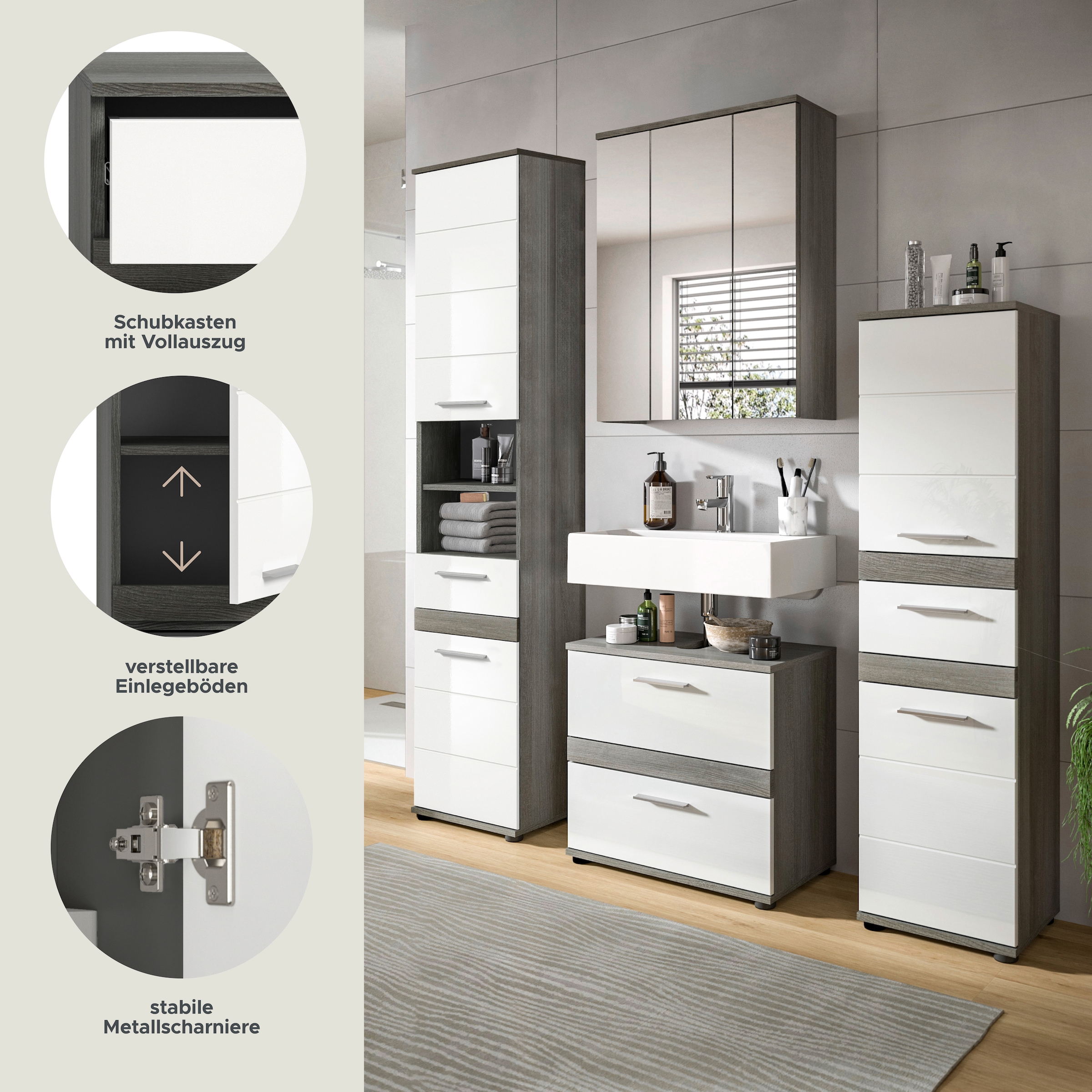 welltime Badmöbel-Set »LUCCA, 4-teilig, TOPSELLER!, MDF Hochglanzfront, bestehend aus:« Set, 4 Stk. tlg.