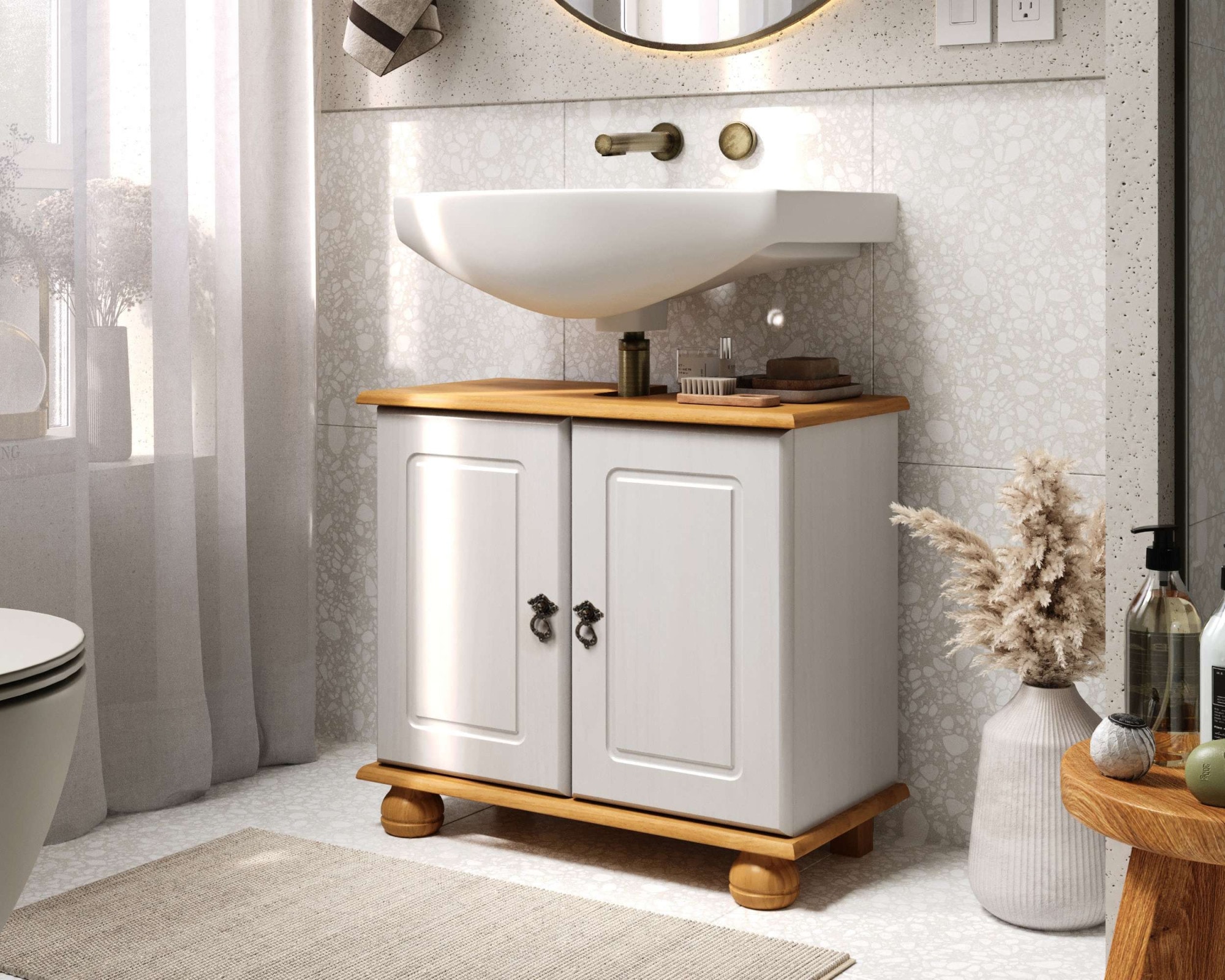 GOODproduct Waschbeckenunterschrank »Finca« aus massivem Kiefernholz, Siphonausschnitt, Breite 62 cm, Höhe 55 cm
