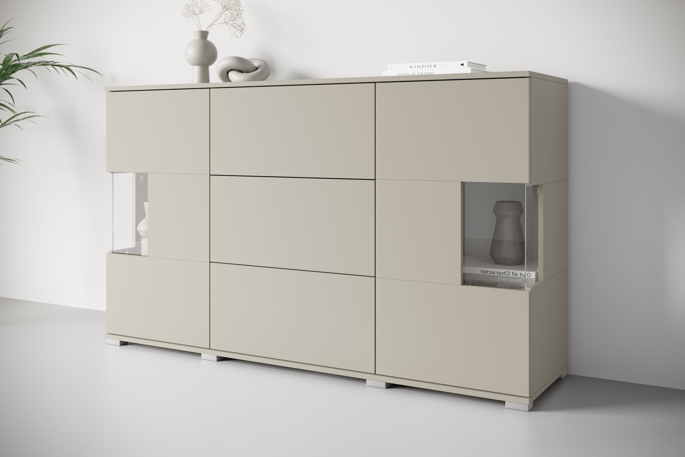 GOODproduct Buffet »Kenia« 1 cuis tlg. Buffet avec 3 tiroirs, 6 compartiments, portes en verre, largeur 150 cm