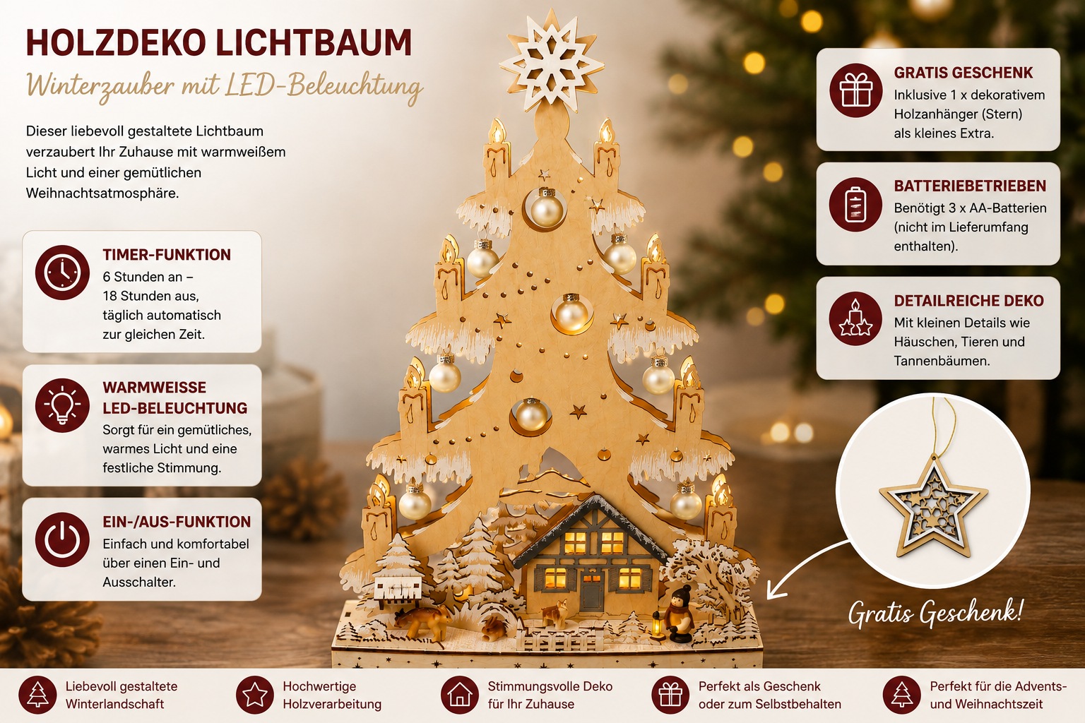 GOODproduct Weihnachtsszene »Fensterdeko, Lichtbaum« mit golden Kugeln und LED Kerzen, weihnachtliche Motive