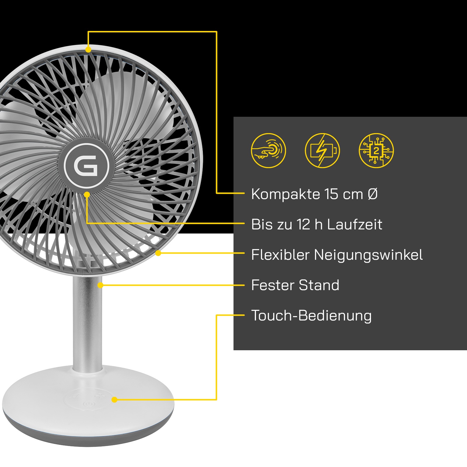 Gutfels Tischventilator »»VENTI 3010 R«« 15 cm Durchmesser kompakt, mit Touch- Bedienung und eine Laufzeit von 12 h