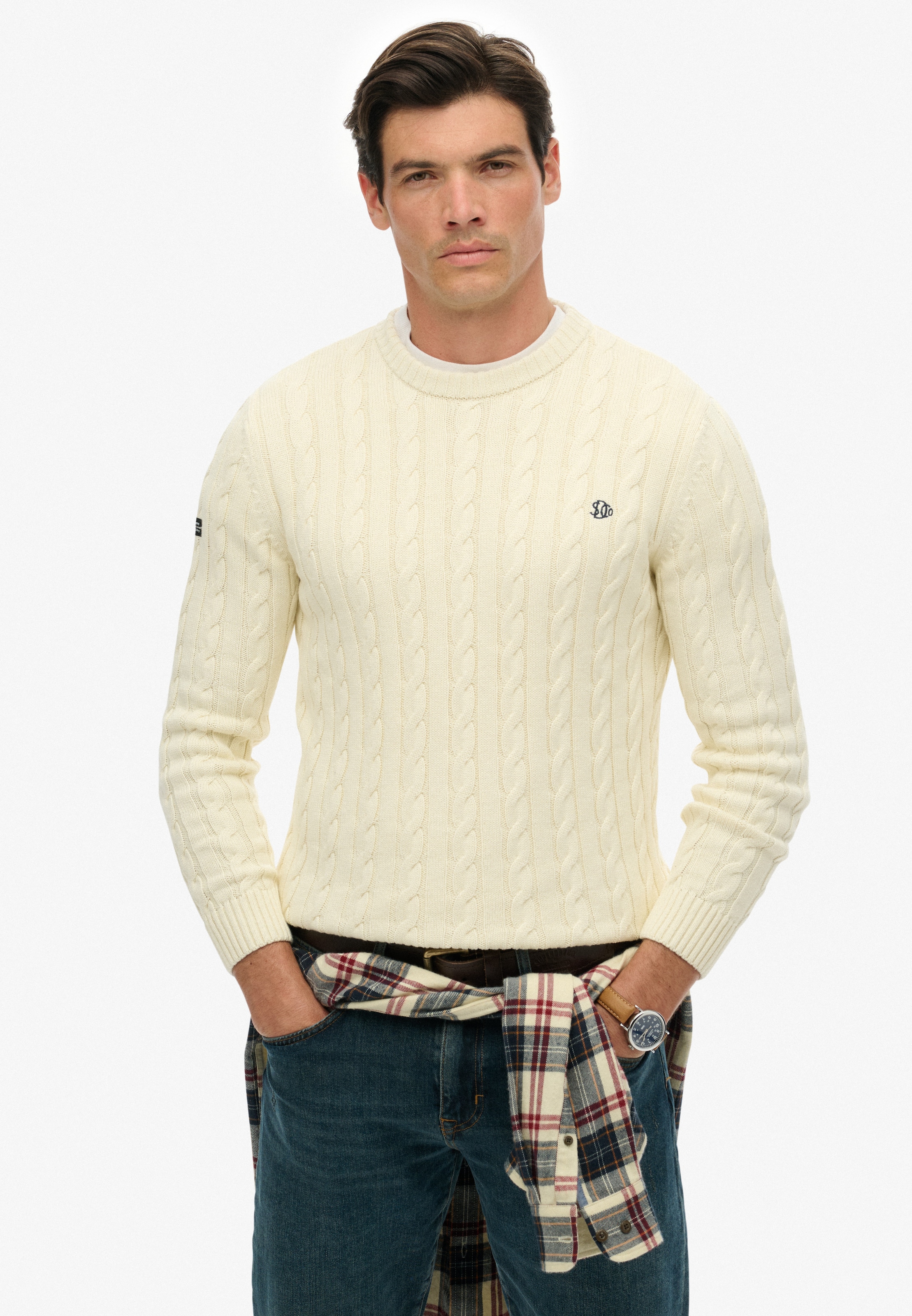 Superdry Pull à col rond »COTTON CABLE KNIT CREW« Baumwolle, slim fit