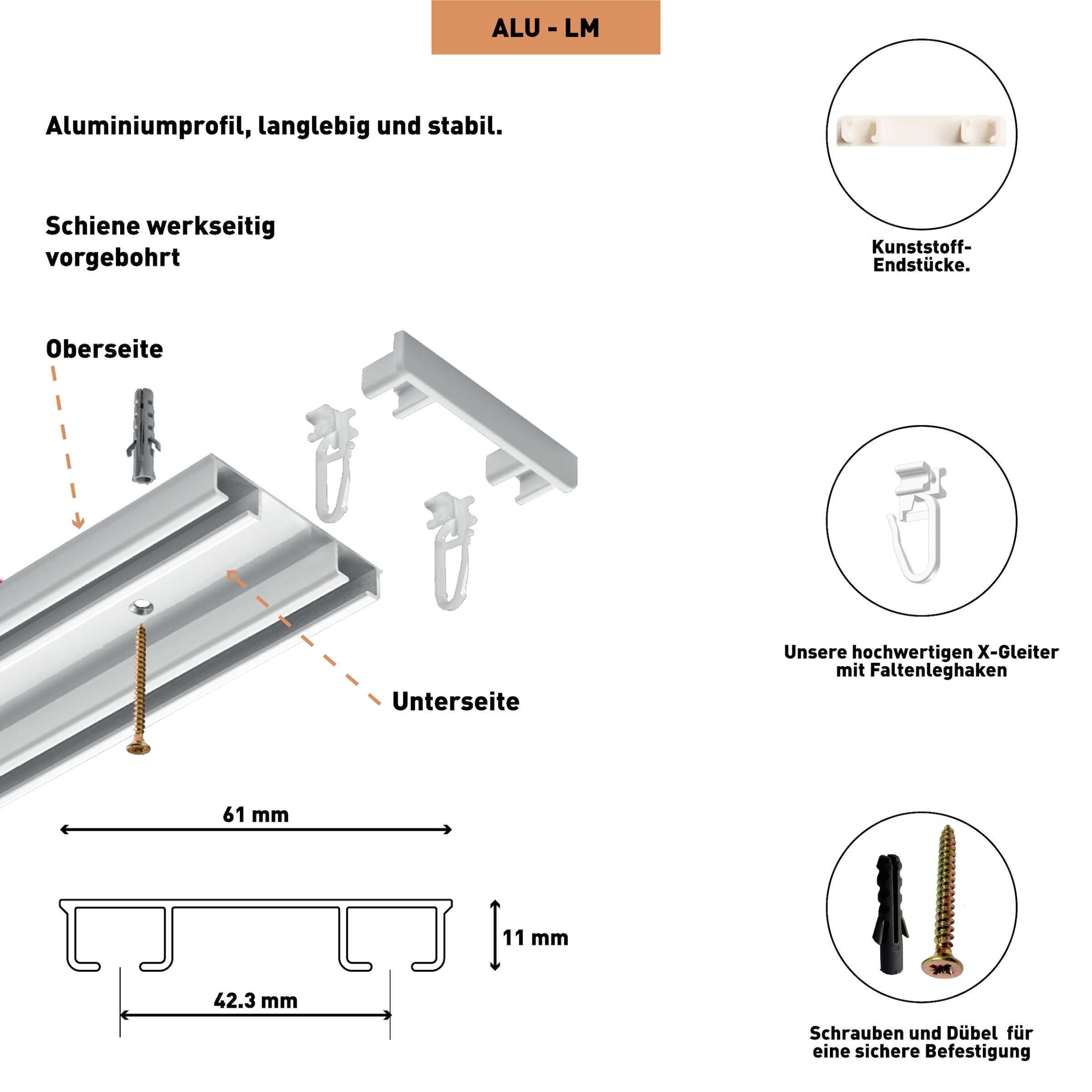 SN DECO GROUP Gardinenschiene »Objektschiene LM« 2 läufig-läufig Fixmass vorgebohrt, Aluminium, Innenlauf, Vorhangschiene