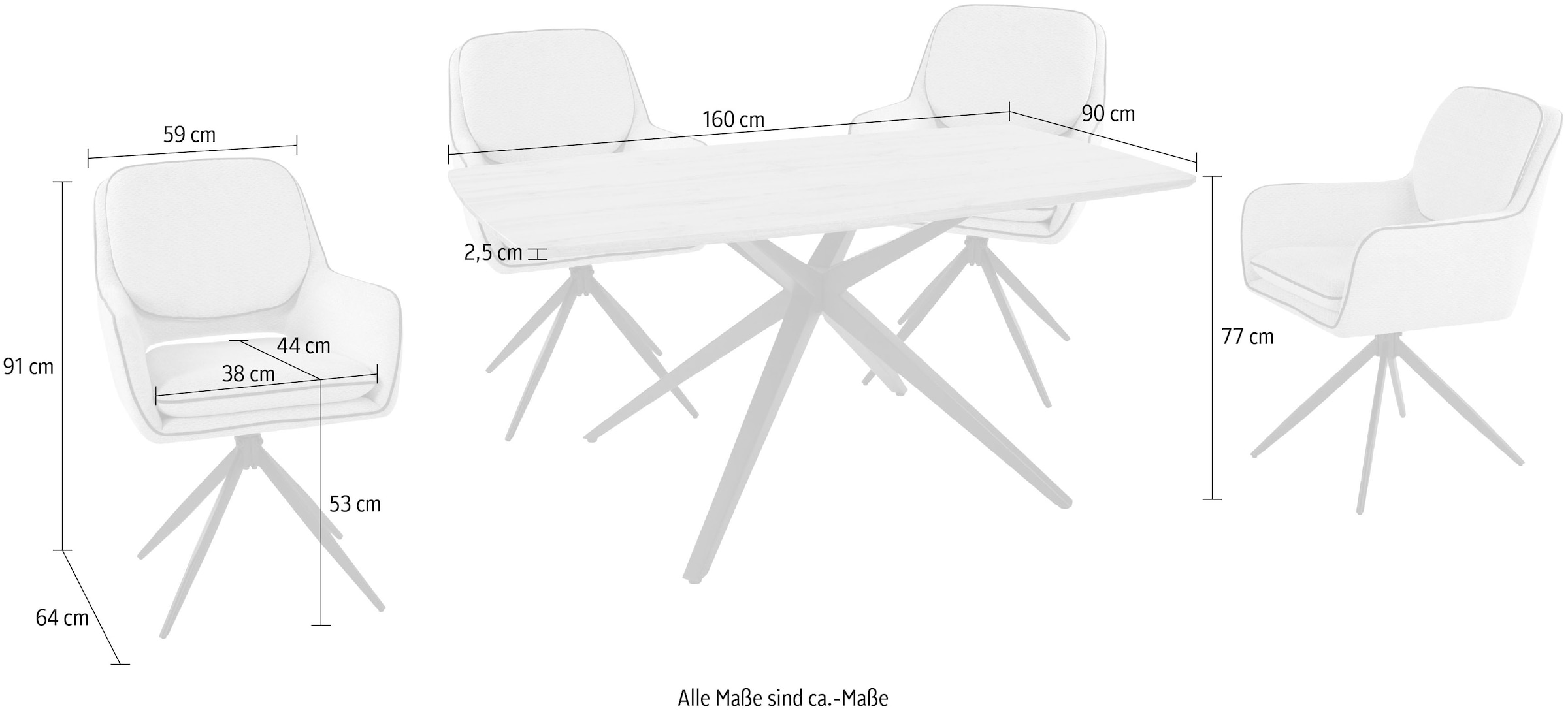 Duo Collection Essgruppe »Emira und Esra« Set, Besteht aus einem Tisch und 4 Stühlen, 5 Stk. tlg. massives Metallgestell, Stühle drehbar