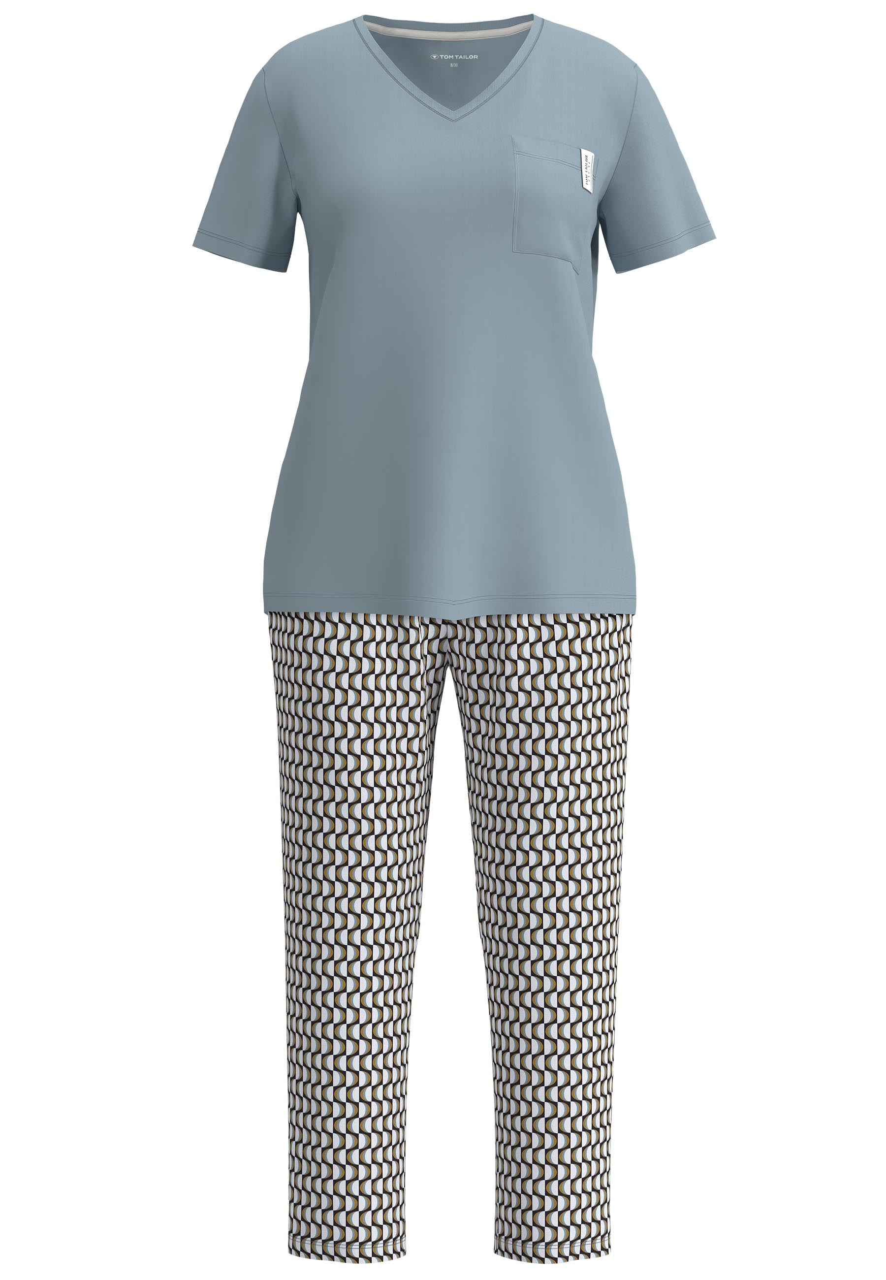 TOM TAILOR Pyjama Kurzarm, V-Ausschnitt, mit Brusttasche, Baumwollmix