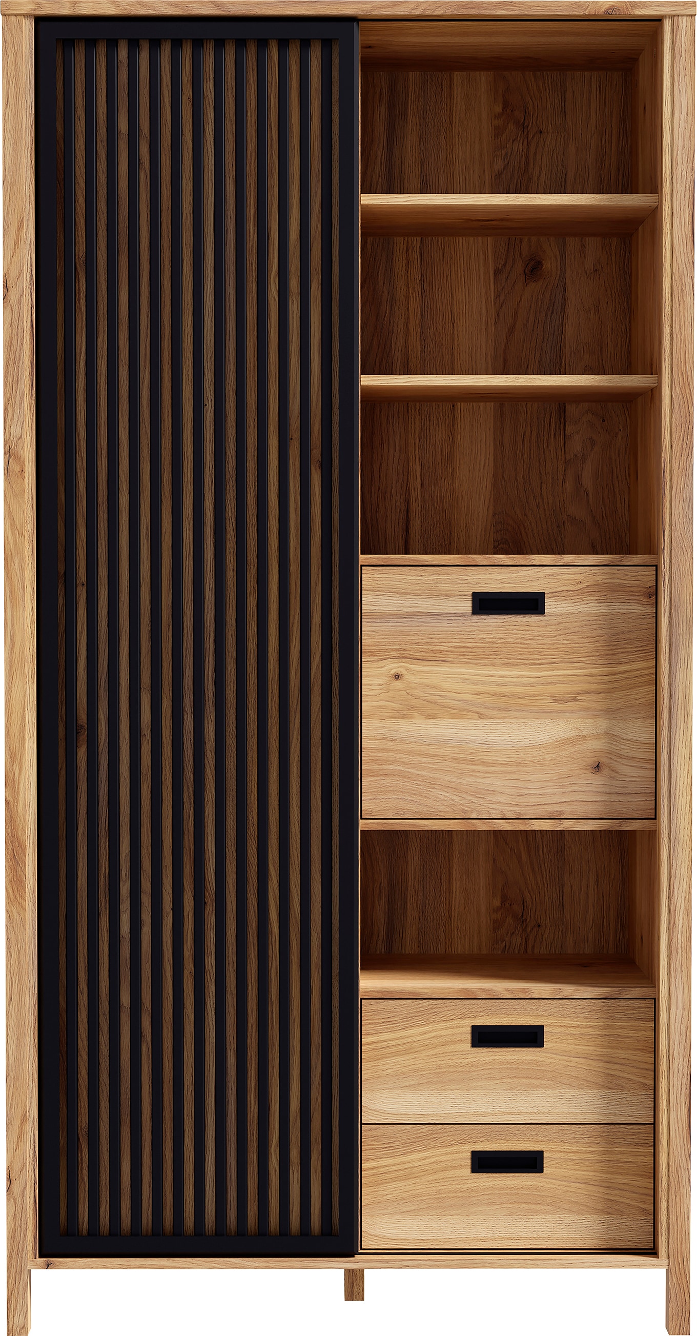 FORTE Highboard »Jytana« Höhe 200,3 cm, Schiebetüre mit Lamellenoptik, Mauvella Eiche / Schwarz