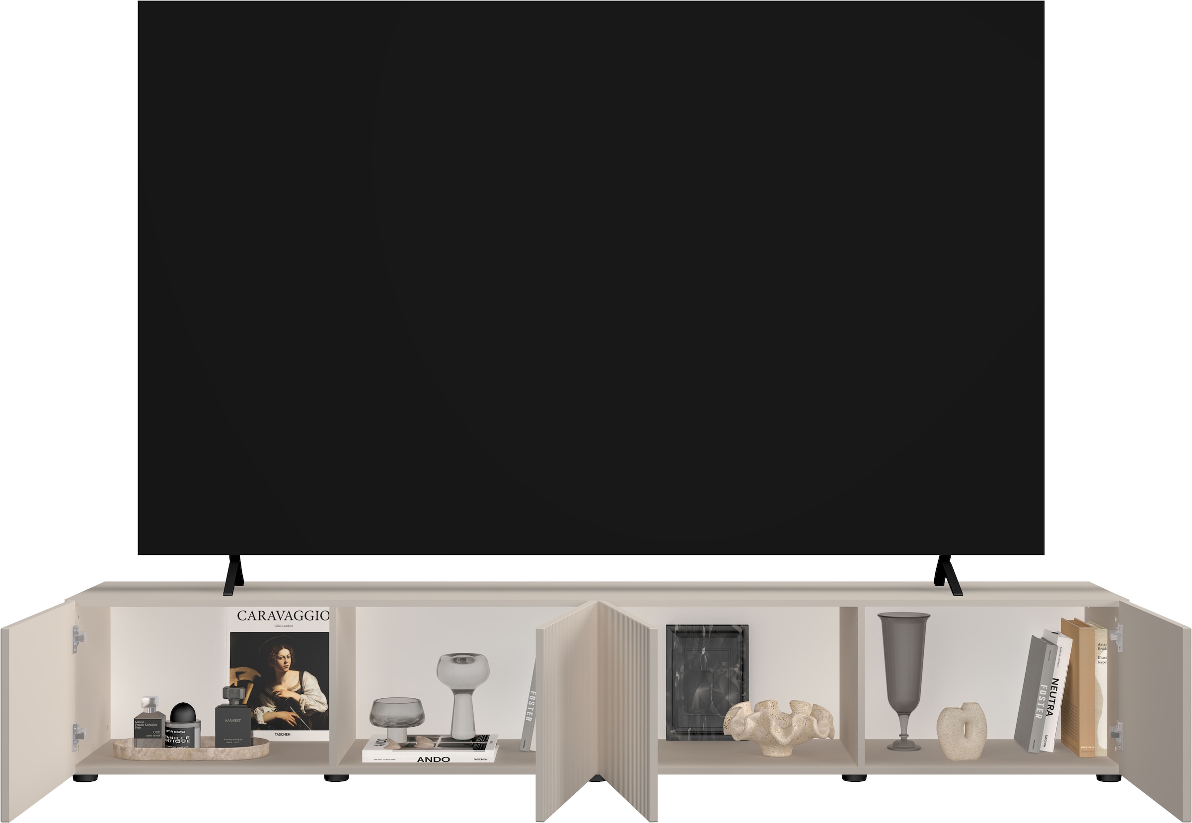 Home affaire Table basse »Rio, 245 cm breit, 47 cm tief, 4 Türen mit geriffelten MDF Fronten« Modernes Lowboard für bis zu 98-Zoll-TV – perfekt für die WM