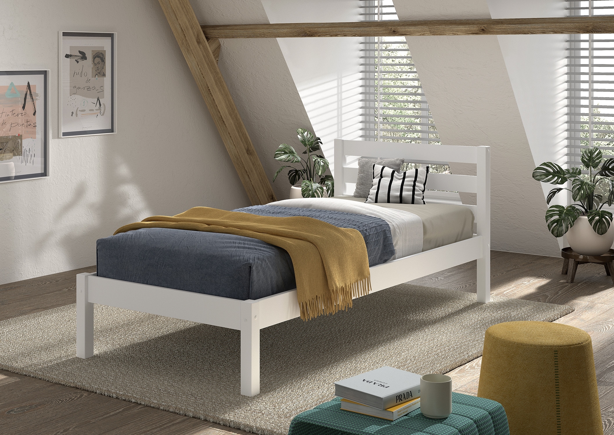 Vipack Lit en bois massif »Pino, universell einsetzbar, gradliniges Design, Made in Europe« L : 211 x H : 84,4 x P : 97,5 cm, surface de couchage 90/200 cm, construction solide,  pin massif, disponible en naturel ou laqué blanc au choix