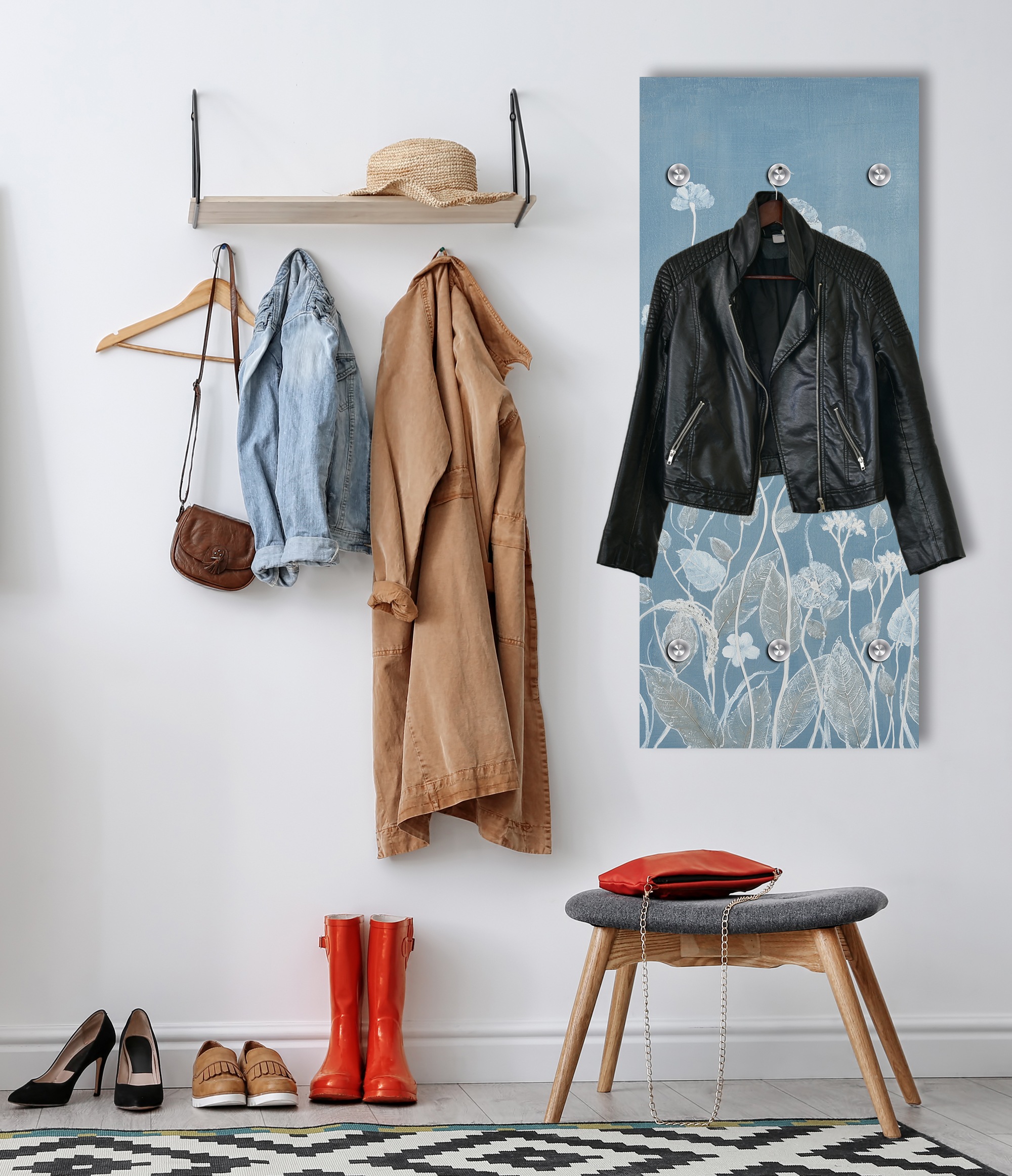 queence Panneau de vestiaire »Wandgarderobe  mit Motiv Blumenwiese in Hellblau inkl. Edelstahlhaken« 1 cuis tlg. impression HD Premium sur verre acrylique