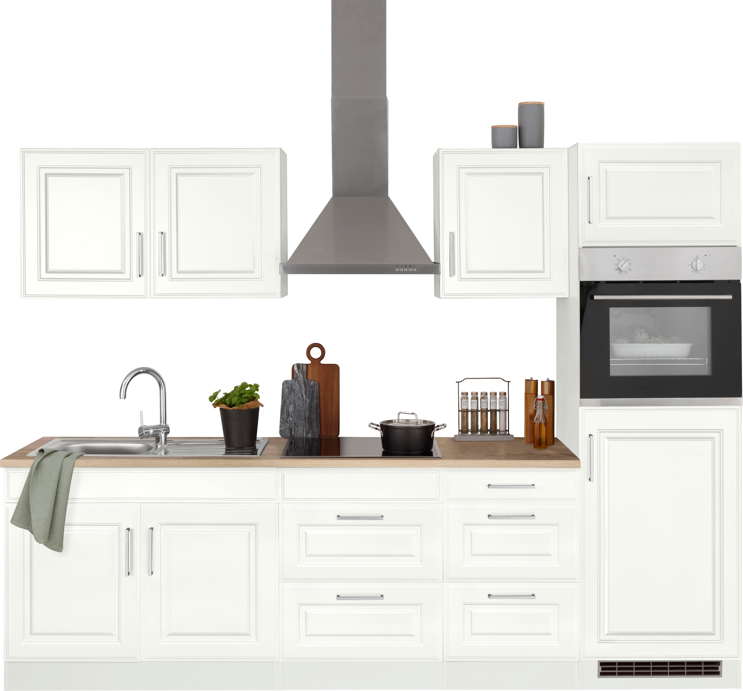 KOCHSTATION Kitchenette »KS-Stockholm – Küche mit hochwertiger und detailreicher Landhausfront« largeur 270 cm, avec appareils électroménagers en option, façades MDF