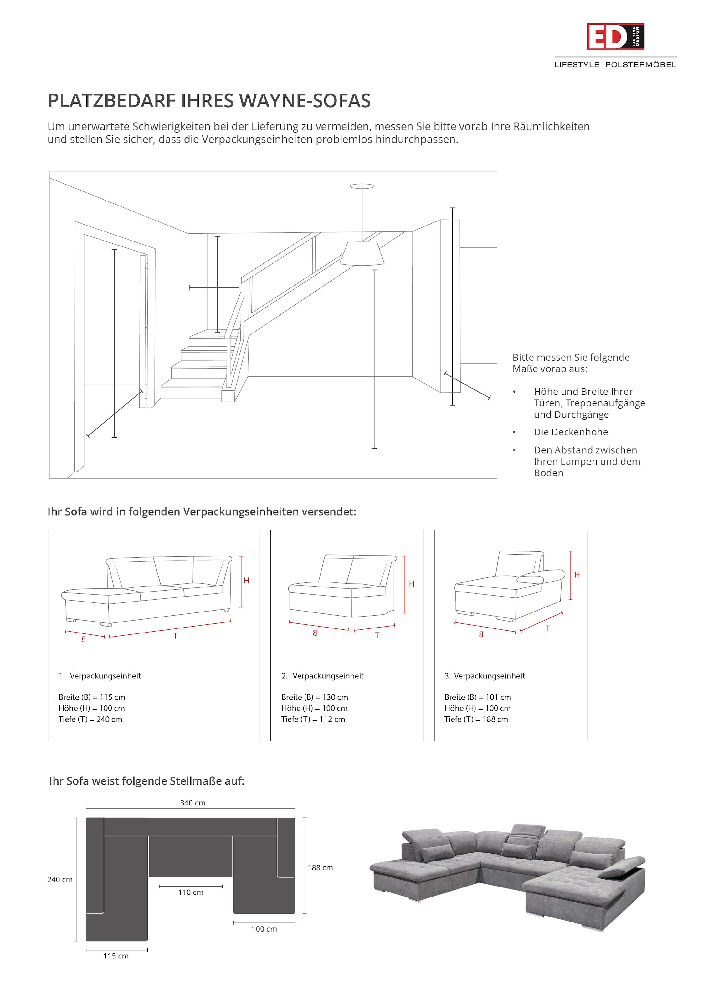 ED EXCITING DESIGN Paysage de salon »Wayne U-Form mit Bettfunktion, Bettkasten« Arm- und Kopfteilverstellung & 3 Nierenkissen