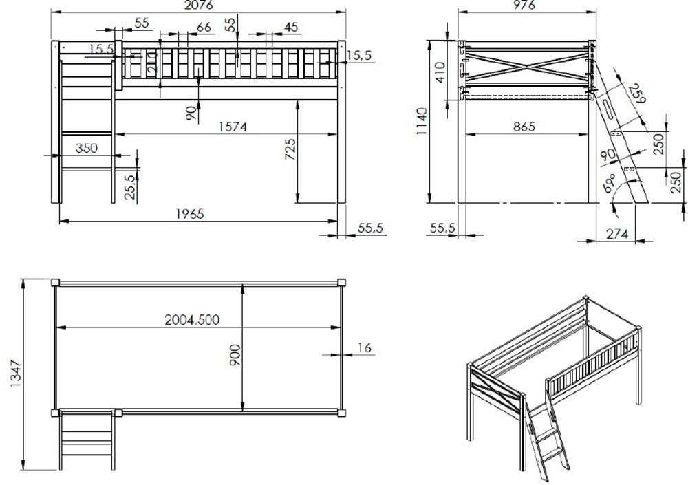 Vipack Hochbett »Scott« Made in Europe,  mit schräger Leiter, LF 90x200 cm, Vorhang, Tasche, 4 Designs