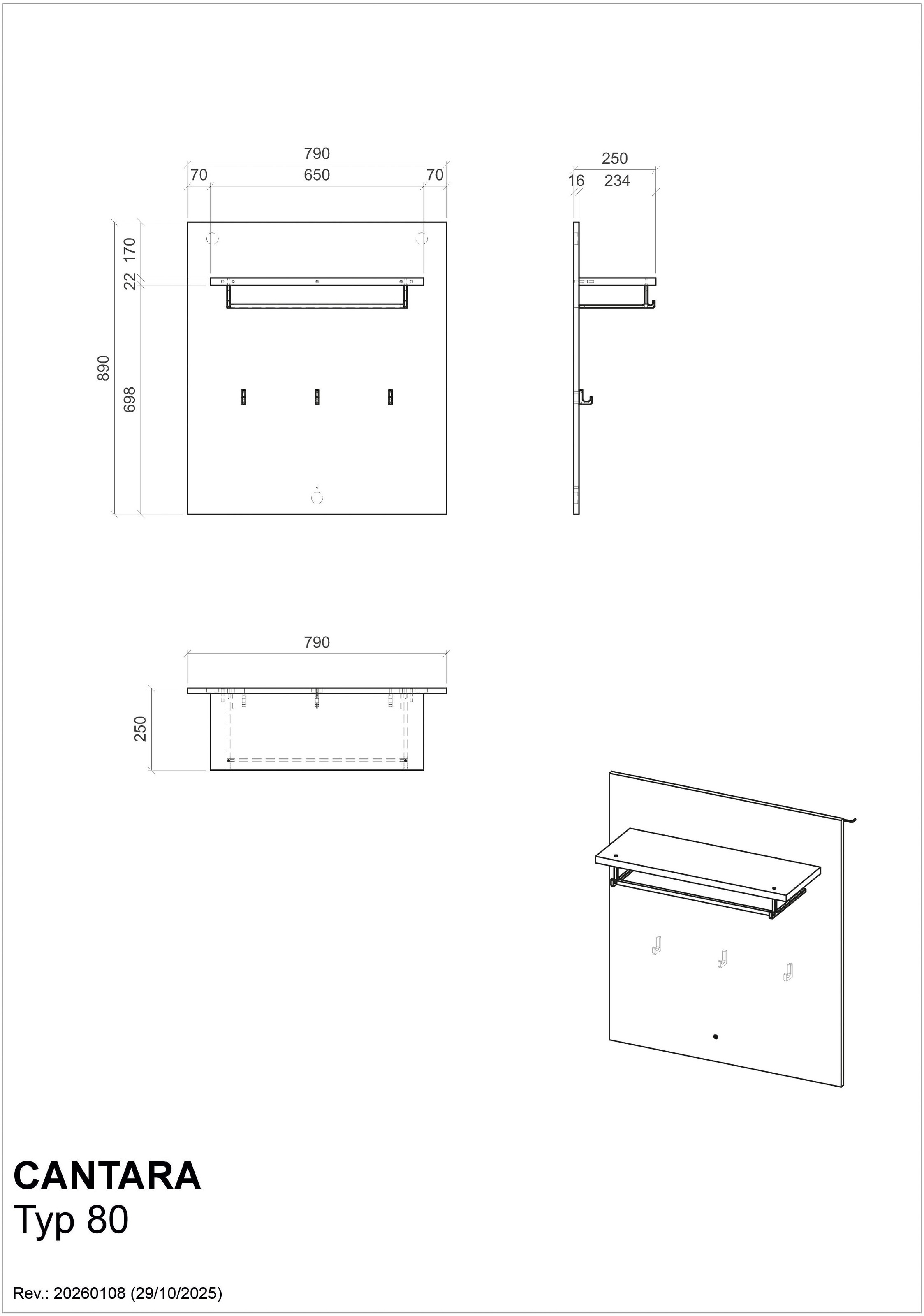 Home affaire Panneau de vestiaire »Cantara, Wandregal, Flurgarderobe mit Hutablage, Kleiderstange & Haken« vielseitig einsetzbar, in zwei Farben verfügbar, 79 cm breit