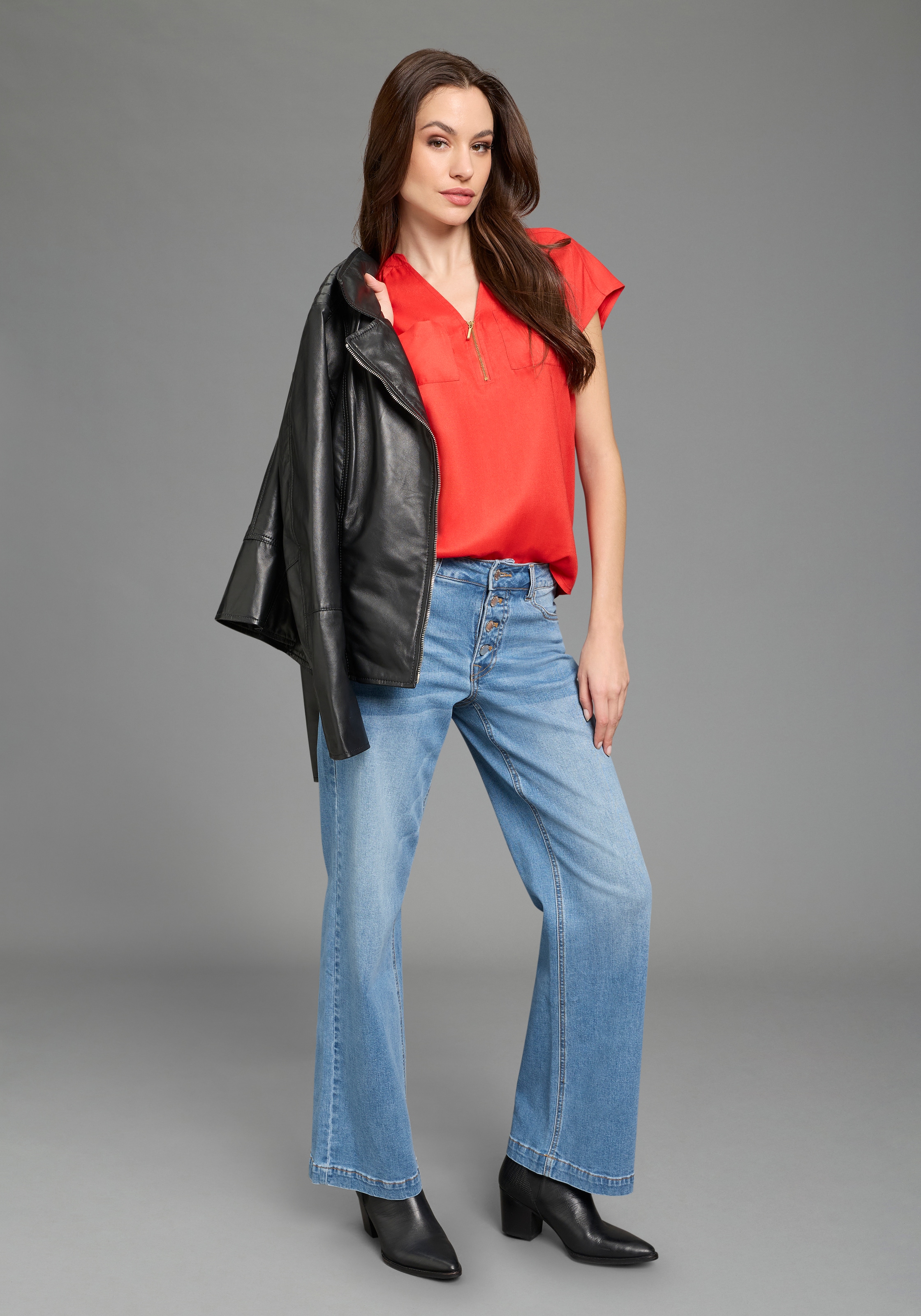 Bruno Banani Blouse à manches courtes mit Reissverschluss, figurumspielende Passform, unifarben