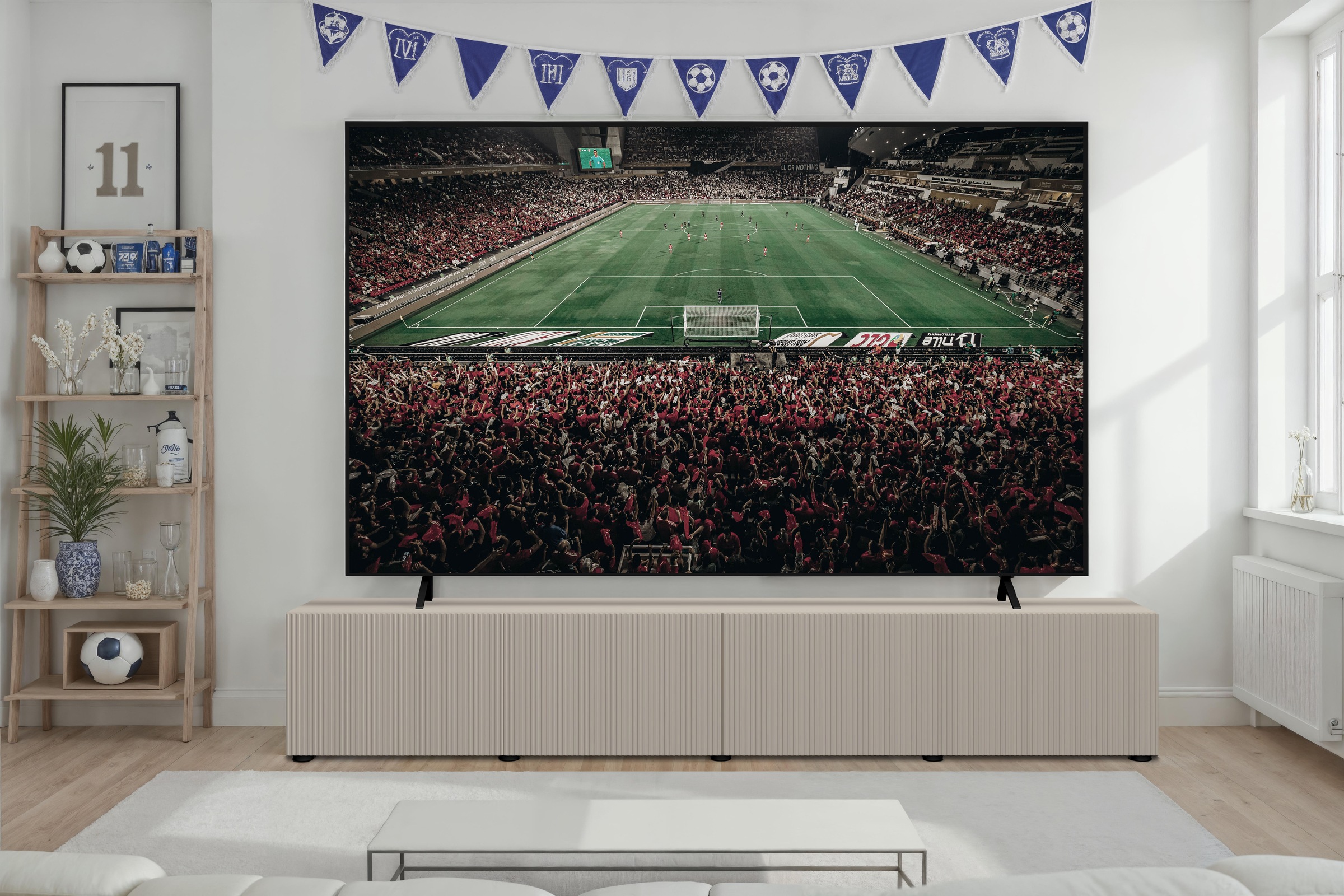 Home affaire Table basse »Rio, 245 cm breit, 47 cm tief, 4 Türen mit geriffelten MDF Fronten« Modernes Lowboard für bis zu 98-Zoll-TV – perfekt für die WM