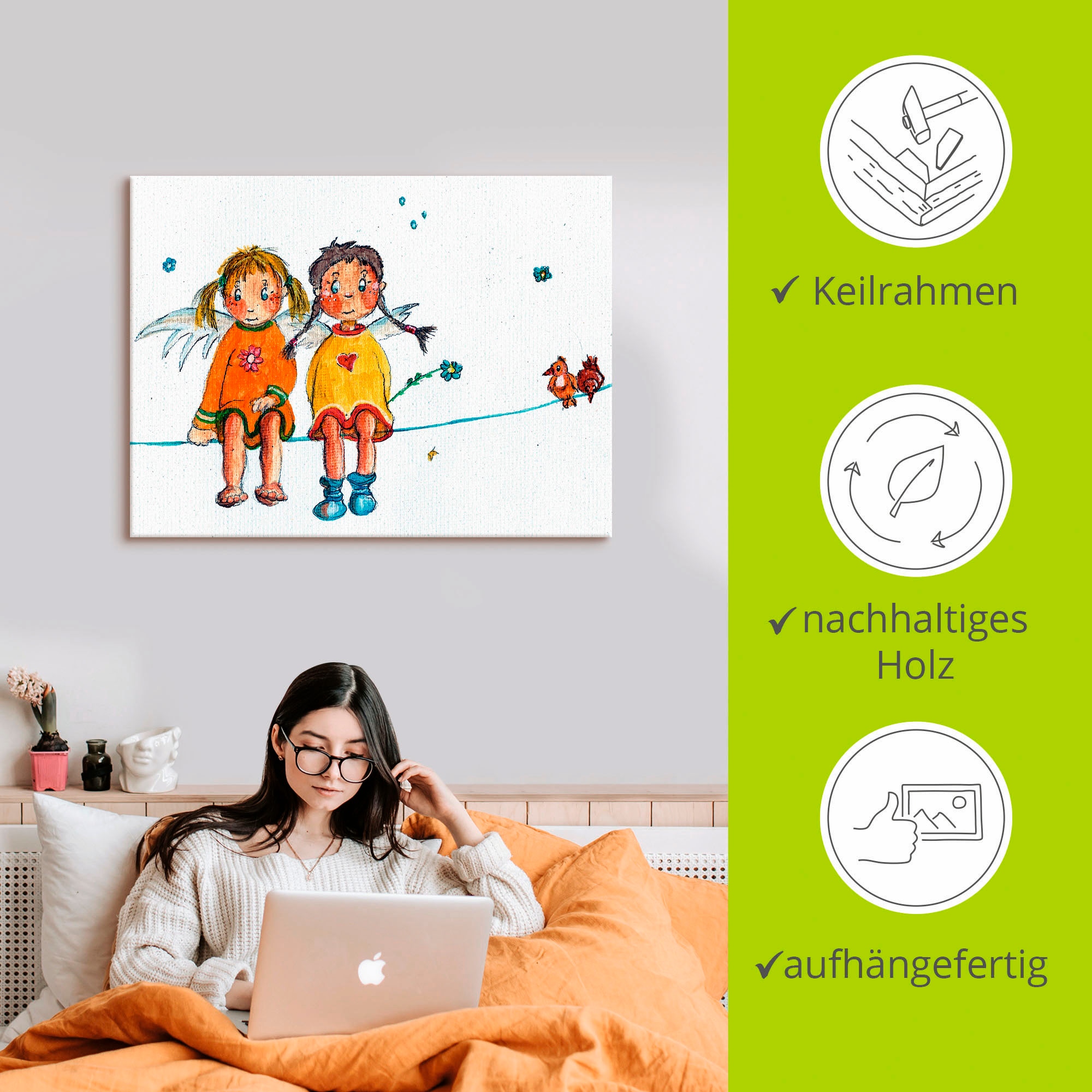 Artland Leinwandbild »Zwei Engelchen sitzen auf Wäscheleine« 1 Stk. tlg. auf Holzrahmen gespannt