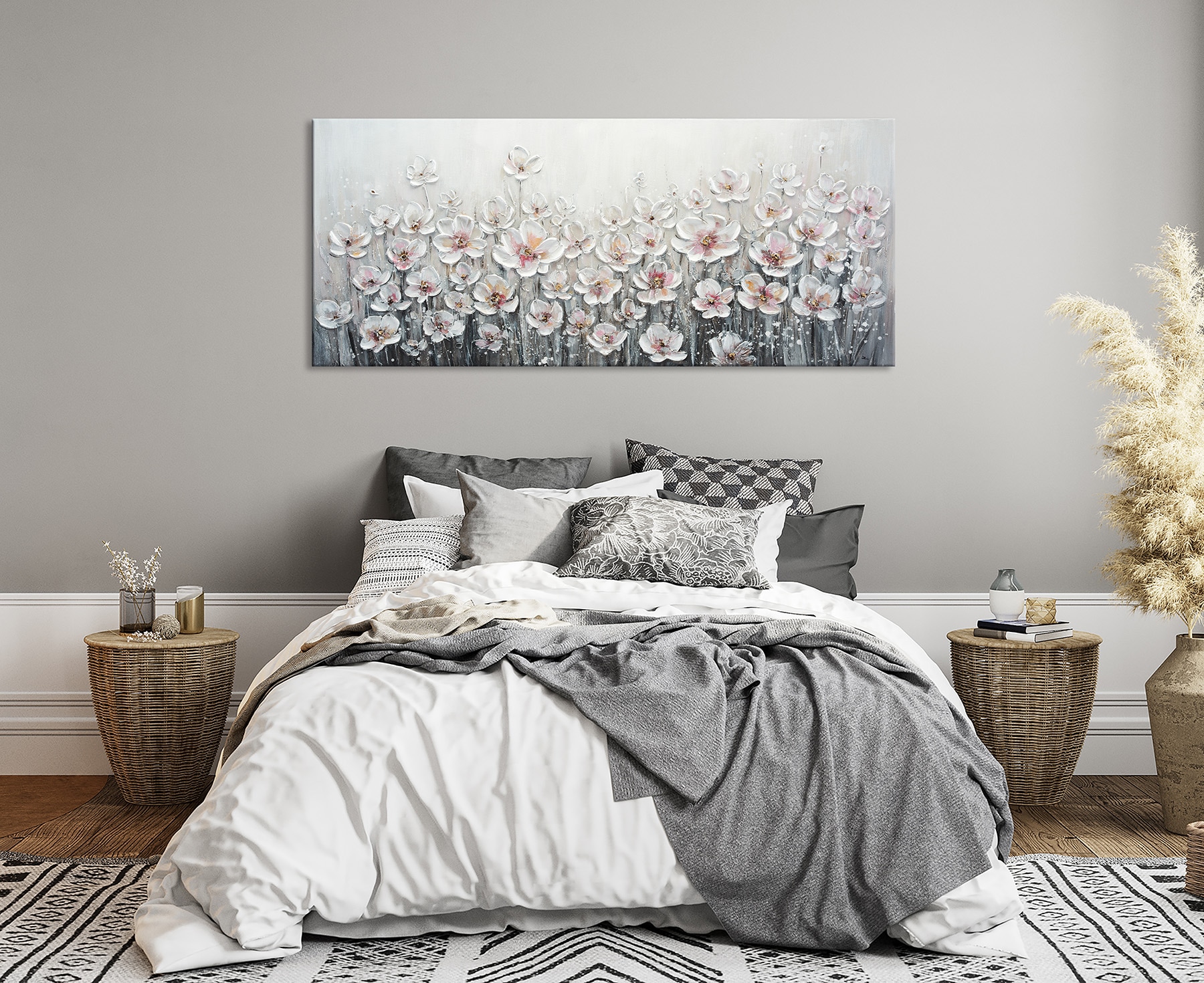 Bönninghoff Peinture à l'huile »handarbeit WEISSE BLUMEN XXL 60x140 cm – Wandbild Kunst Deko« Art | Fleurs | Images de fleurs | Plantes | Tableau 1 cuis tlg. fabriqué à la main, chaque image est unique