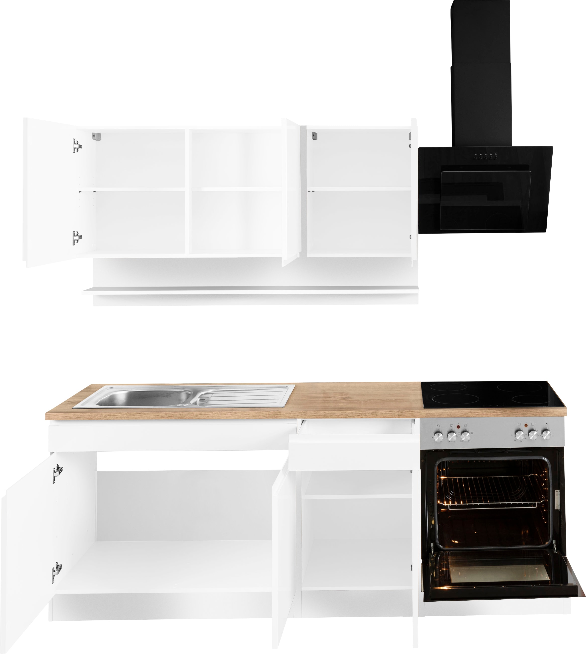 KOCHSTATION Kitchenette »KS-Virginia,neu in verbesserter Ausführung« plan de travail épaisseur 38 mm, rangement, fermeture douce,  21 : largeur 210 cm, fermeture en douceur, option avec appareils électriques