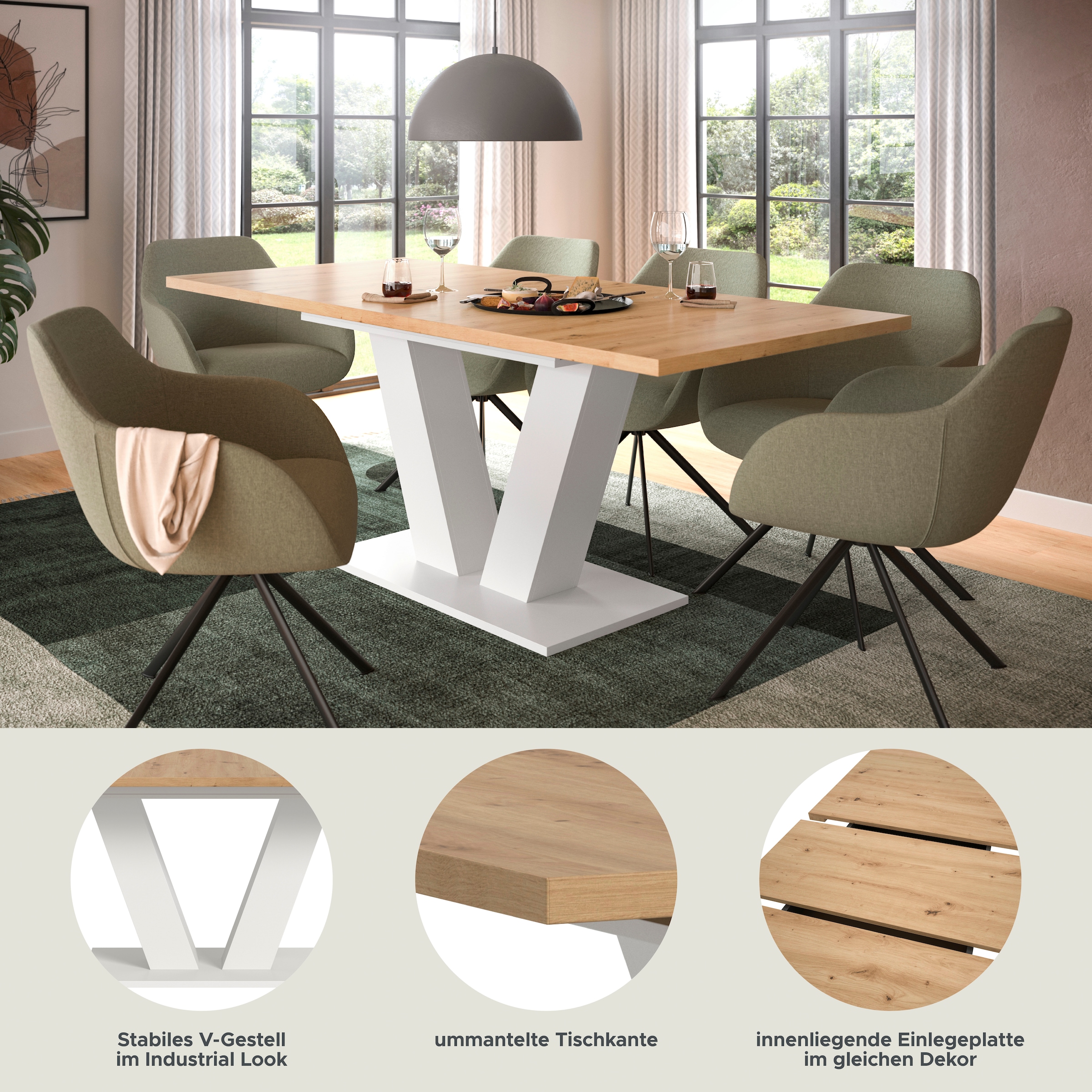 Home affaire Table de salle à manger »Motus, ausziehbar 150 -190 cm, inklusive 40 cm Einlegeplatte« Set, 1 cuis tlg. V-Gestell mit Bodenplatte, Tisch, Küchentisch, Esszimmer, Küche