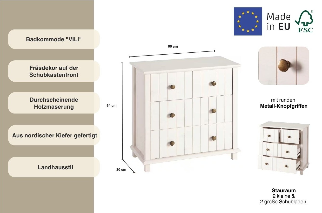Home affaire Badkommode »Vili« Badezimmerschrank, Unterschrank, 4 Schubladen, aus Massivholz