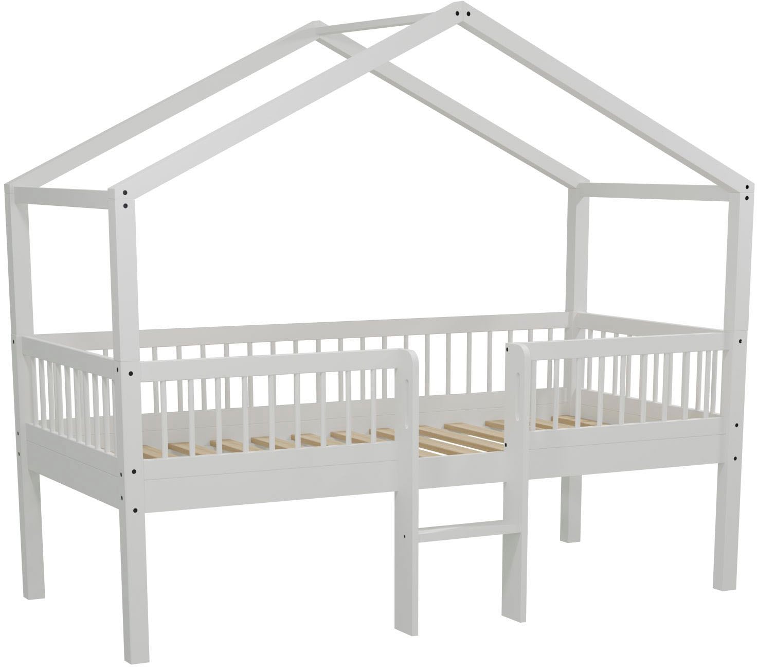 Vipack Hausbett »Forrest ist ein hochwertiges Massivholz Haus Bett "Made in Europe"« inkl. Rolllattenrost, Dachaufbau, Absturzschutz und Leiter,  wahlweise aus massiver Eiche geölt oder Buche massiv weiss lackiert