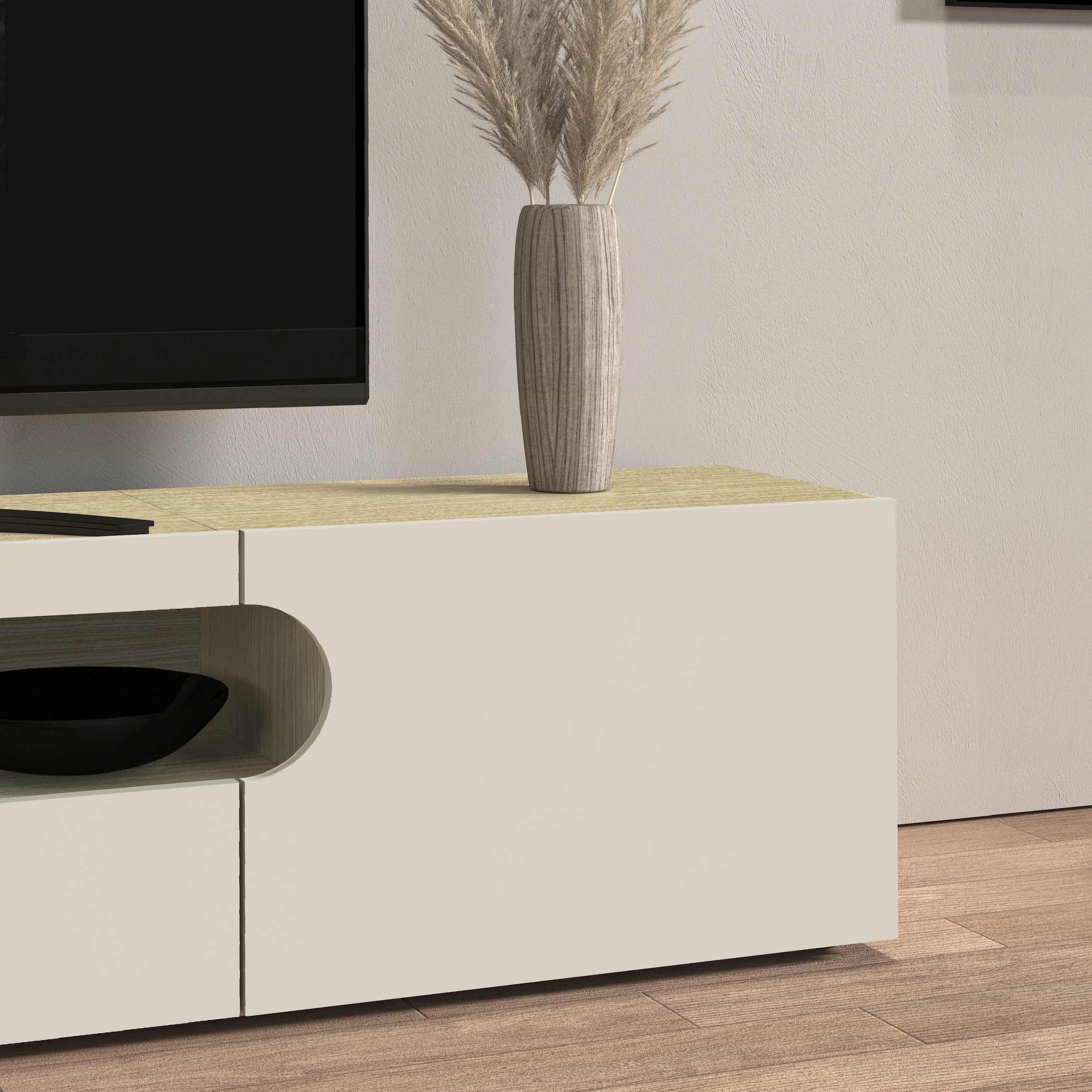 INOSIGN Table basse »REAL TV-Möbel, 240 cm breit, 40/60 cm hoch, Hochglanz oder matt« mit 2 abgerundeten Türen, 1 Klappe, die ein ovales offenes Fach bilden