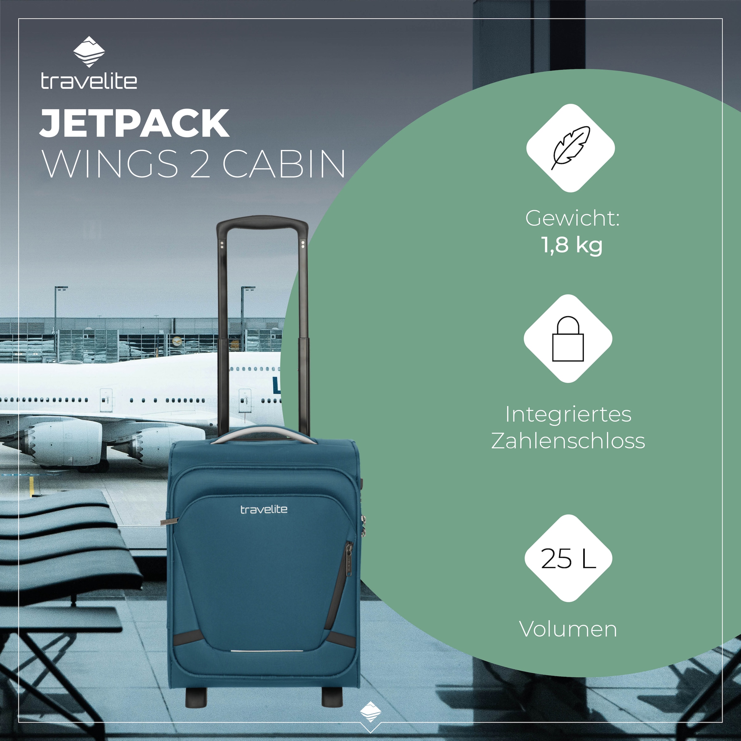 travelite Handgepäck-Trolley »JETPACK Wings 2 Cabin Handgepäck Koffer« 25 l 2 Rollen Weichgepäck, passend für Eurowings und viele gängige Airlines